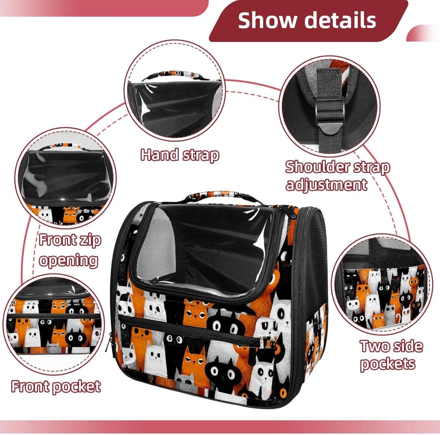 Portable Travel pet Backpack Carrier Hamster Bag Small Dog cat Carrier Breathable Hang Bag, Halloween Cats (2)