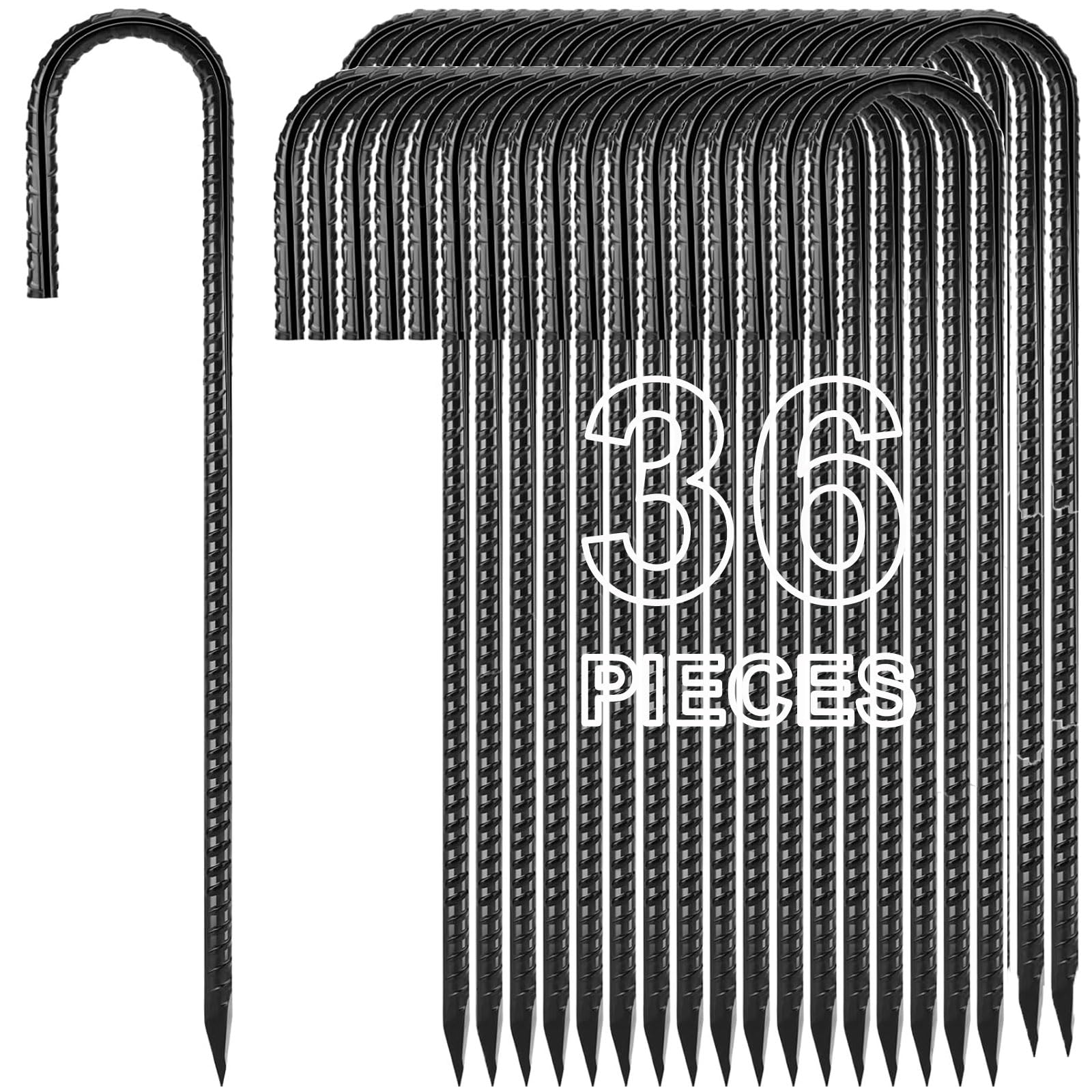 Homwin 12 inches Ground Stakes 36-Pack J Hook Rebar 5/16" Diameter Tent Stakes Heavy Duty Metal Stake for Outdoor Decorations, Yard Inflatables and Chain Link Fence