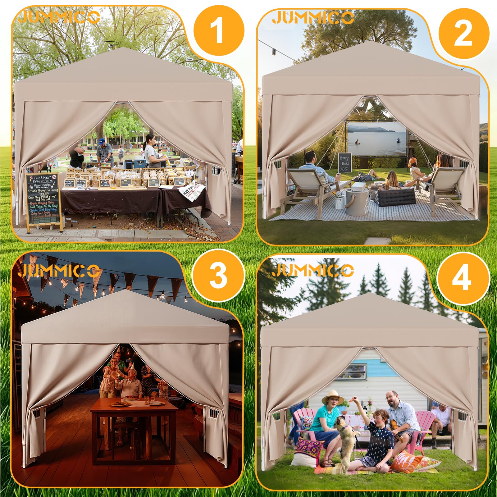 JUMMICO Gazebo 3x3m Pieghevole, Altezza Regolabile, Struttura Stabile, Copertura Esterna Resistente e Impermeabile, con Pareti Laterali, con 4 Sacchi di Sabbia di Peso e Sacca da Trasporto, Beige
