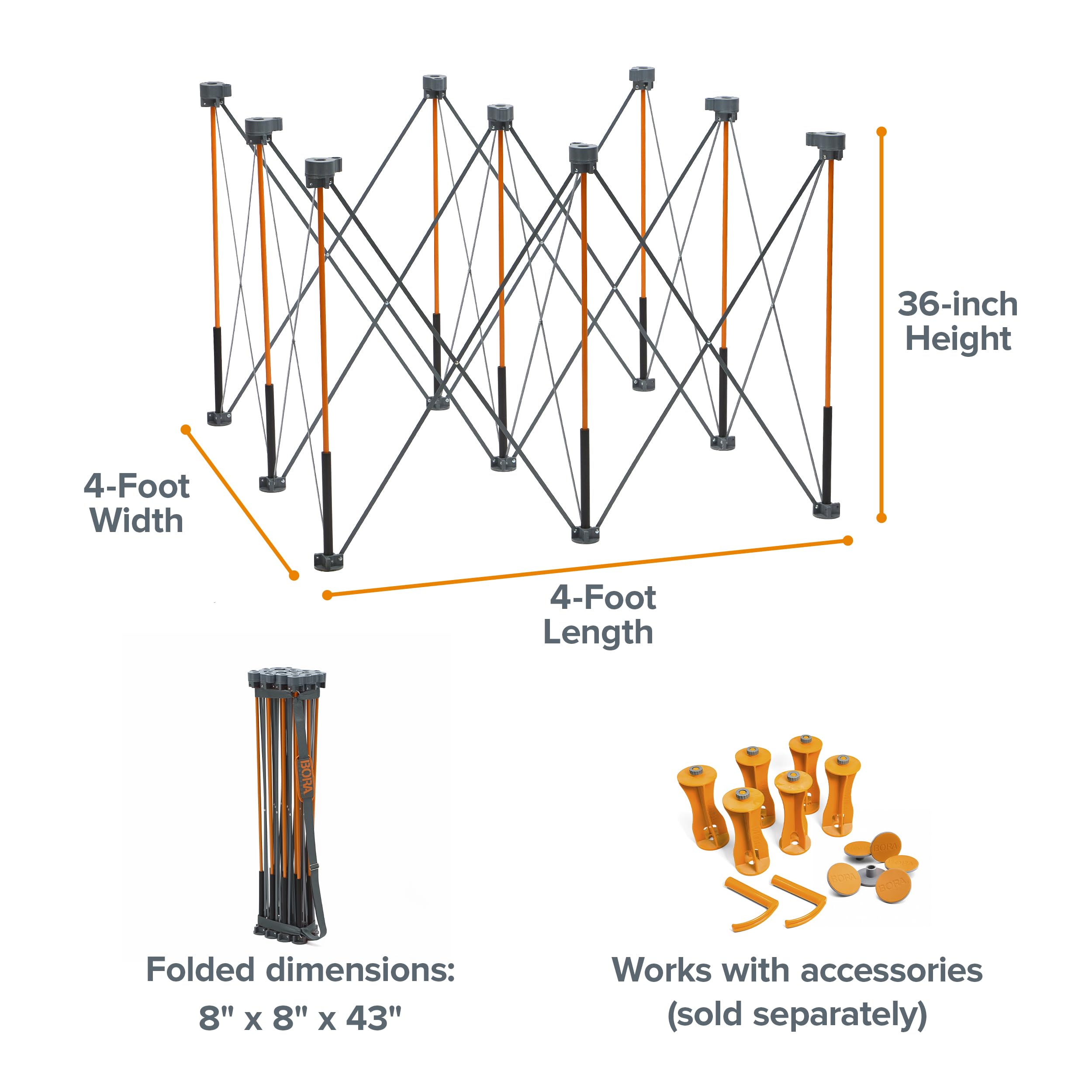 BORA Centipede CT9 91.4 cm wysoki przenośny składany stół warsztatowy z paskiem do noszenia, składany, stół konstrukcyjny, wsparcie, sawhorse, 100 cm x 4 m, wysokość robocza 91 cm, nośność 1,587 kg