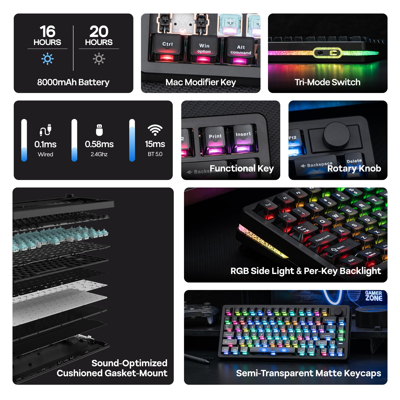 EPOMAKER HE75 V2 Teclado Gaming de Efecto Hall, Sondeo de 8K & 0,1ms, 8000mAh, 2.4GHz/BT, Teclas Intercambiables, Perilla, Activación Ajustable de 0,005mm, Disparo Rápido, Cremoso y Thocky (Negro)