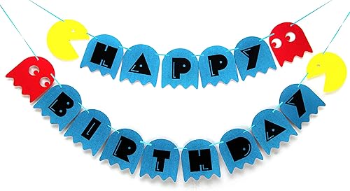 Pacmn Ghost Happy Birthday - Cartel de feliz cumpleaños - Decoración retro de fiesta de arcade con fantasmas clásicos - Cartel de cumpleaños