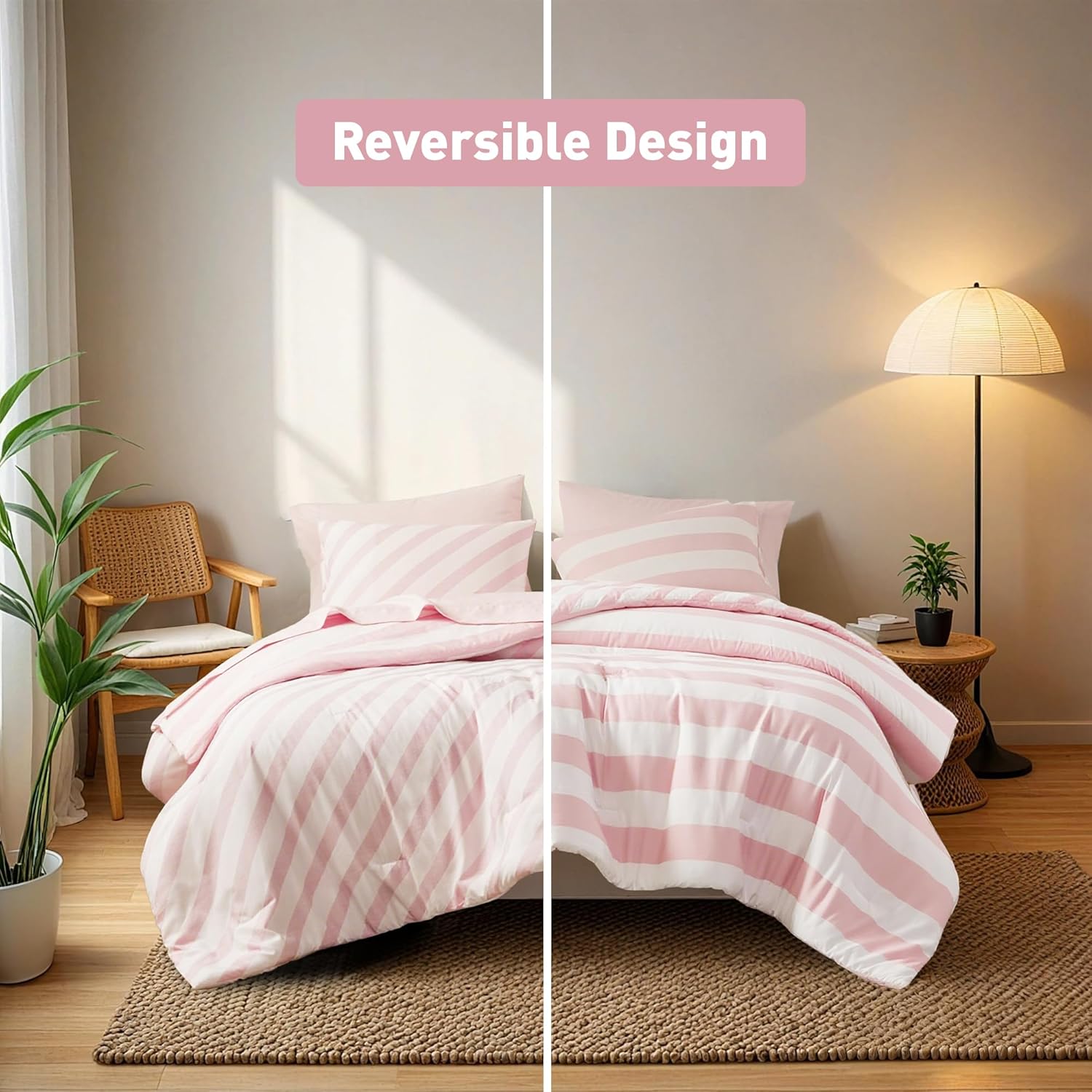 Reversible Striped Queen Comforter Set, Soft Microfiber Bedding Set with Double-Sided Stripes Design, Warm & Cozy for All-Seasons, 3-Piece Comforter and Shams Set Queen Size, Blush