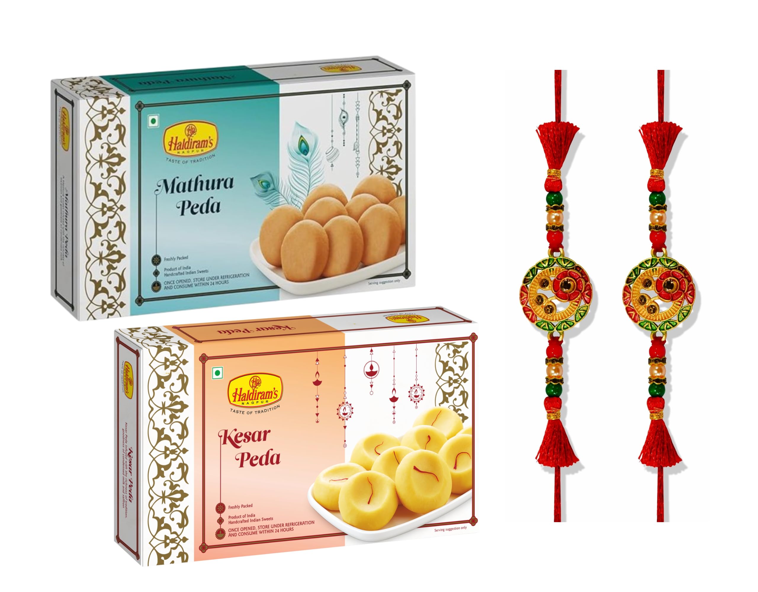 Haldiram's Nagpur Mathura Peda 250g + Kesar Peda 250g with 2 Rakhis | Rakhi Sweet Gift Combo for Bhaiya and Bhabhi-image-1