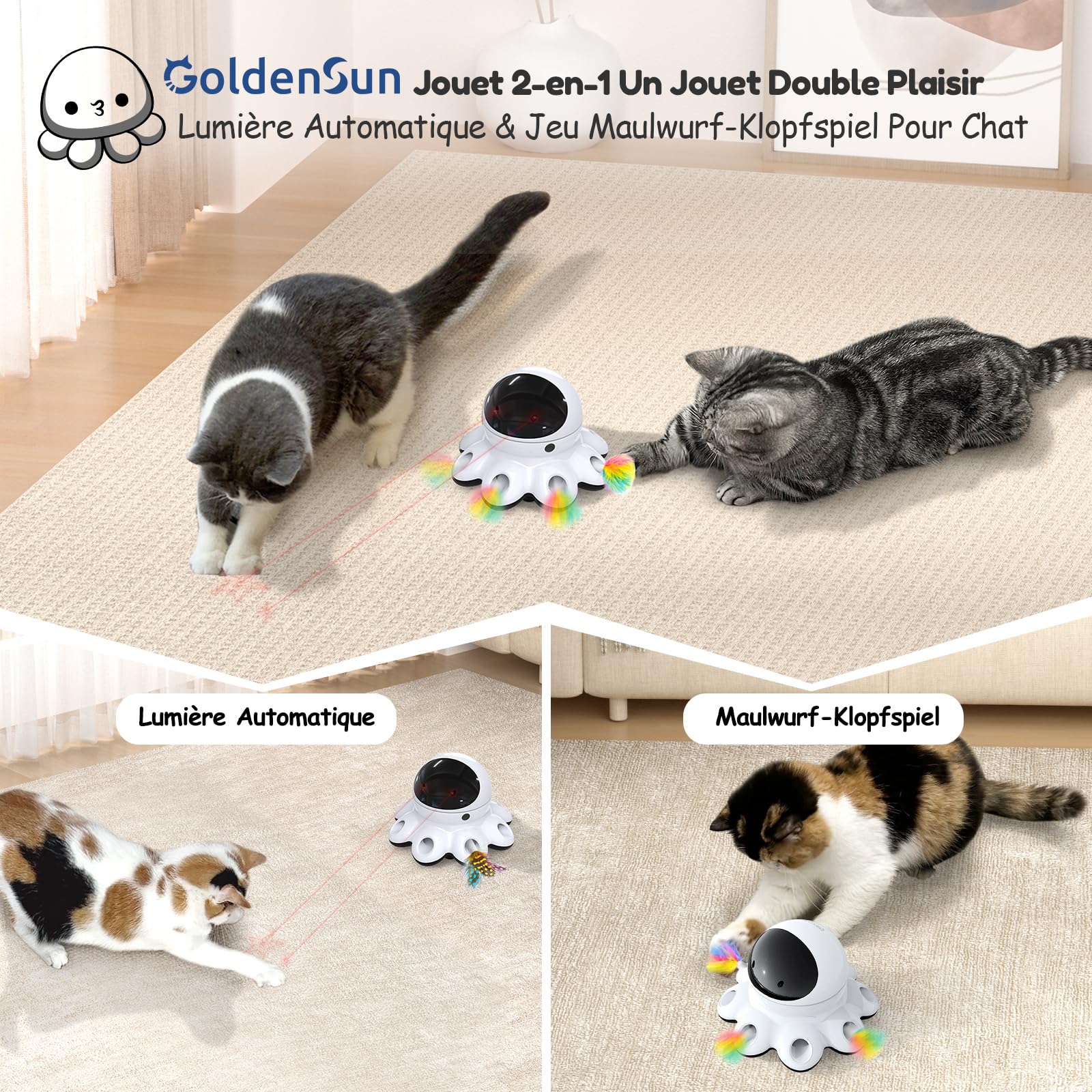 GoldenSun Jouet pour chat automatique 2 en 1, 8 trous Whack-a-Mole et mouvement aléatoire à 360°, rechargeable par USB, jouet interactif pour chats d'appartement ennuyés