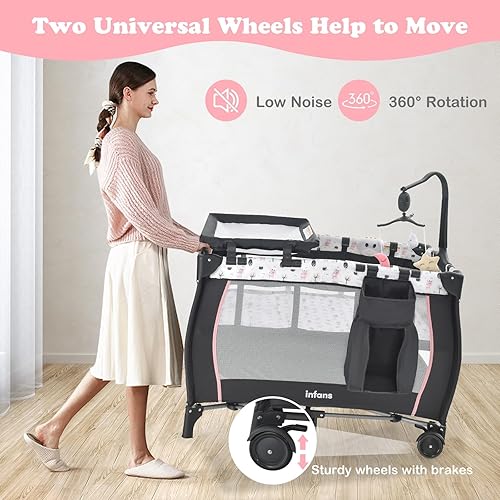Miniatura 8 de INFANS Paquete y juego 3 en 1, cuna portátil de viaje para bebé con colchón desmontable, cambiador para recién nacidos, corralito plegable con bolsa