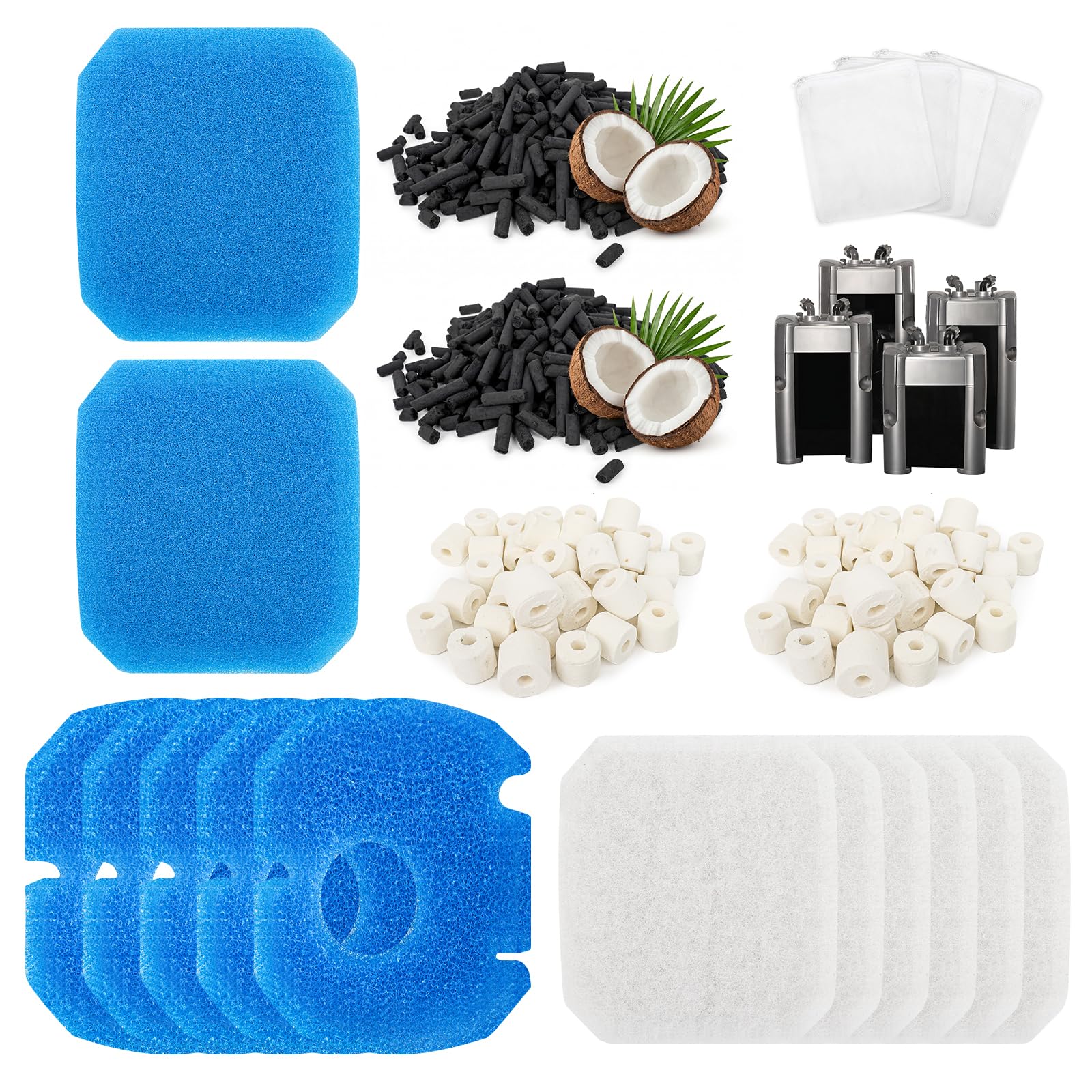 Kit De Médias Filtrants pour Aquarium, pour JBL CristalProfi E402 E702 E902 | Filtre Externe Kit De Remplacement Mousse Filtrante Avec Charbon Actif Anneaux Céramique Mousse Filtrante Gros Et Fin Pads