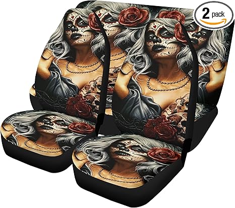Mexican Girl Sugar Skull Car Seat Covers Mats Dia de Los Muertos Candy Skull Girl Universal Car Seat Cover, Cute Car Mat, Festival Auto Interior Accessories (2pcs Front mats)