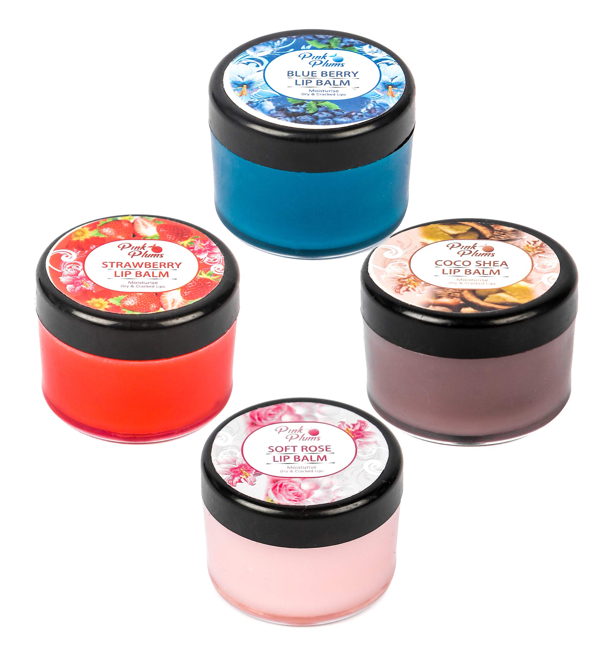 Pink Plums Lip Balm for Shiny/Moisturise Dry & Cracked Lips Strawberry | Coco Shea | Soft Rose | Blue Berry Combo (Pack-4), Each 15g