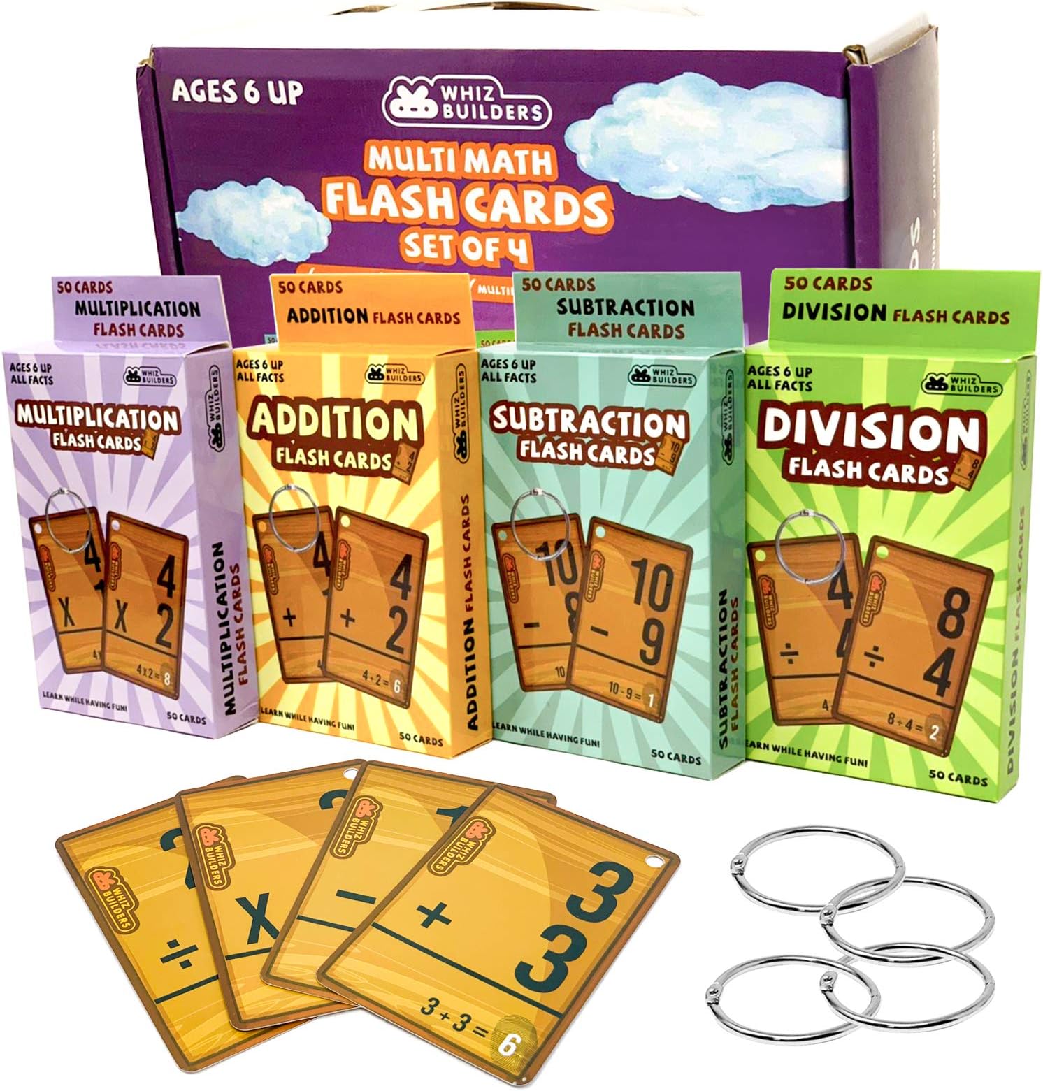 Math Flash Cards 208: Addition & Subtraction, Multiplication & Division - 4 Rings - Kindergarten to 6th Grade