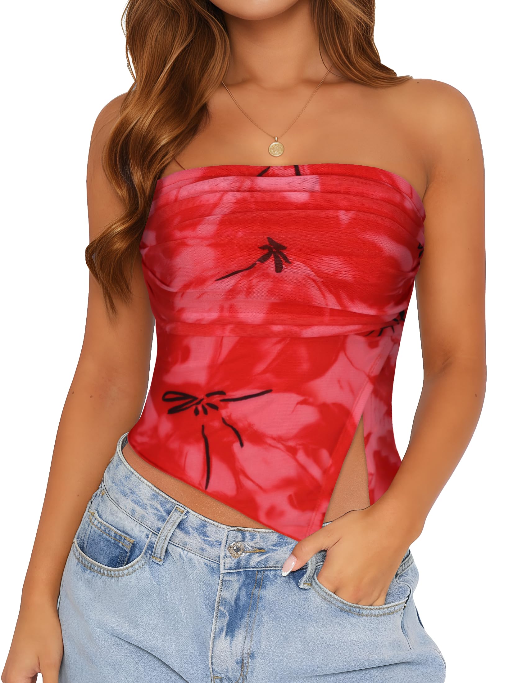CHICGAL Womens Tube Top Strapless Mesh Asymmetrical Hem Crop Tops Summer Bandeau Global Recycled Standard Global Recycled Standard Global Recycled Standard