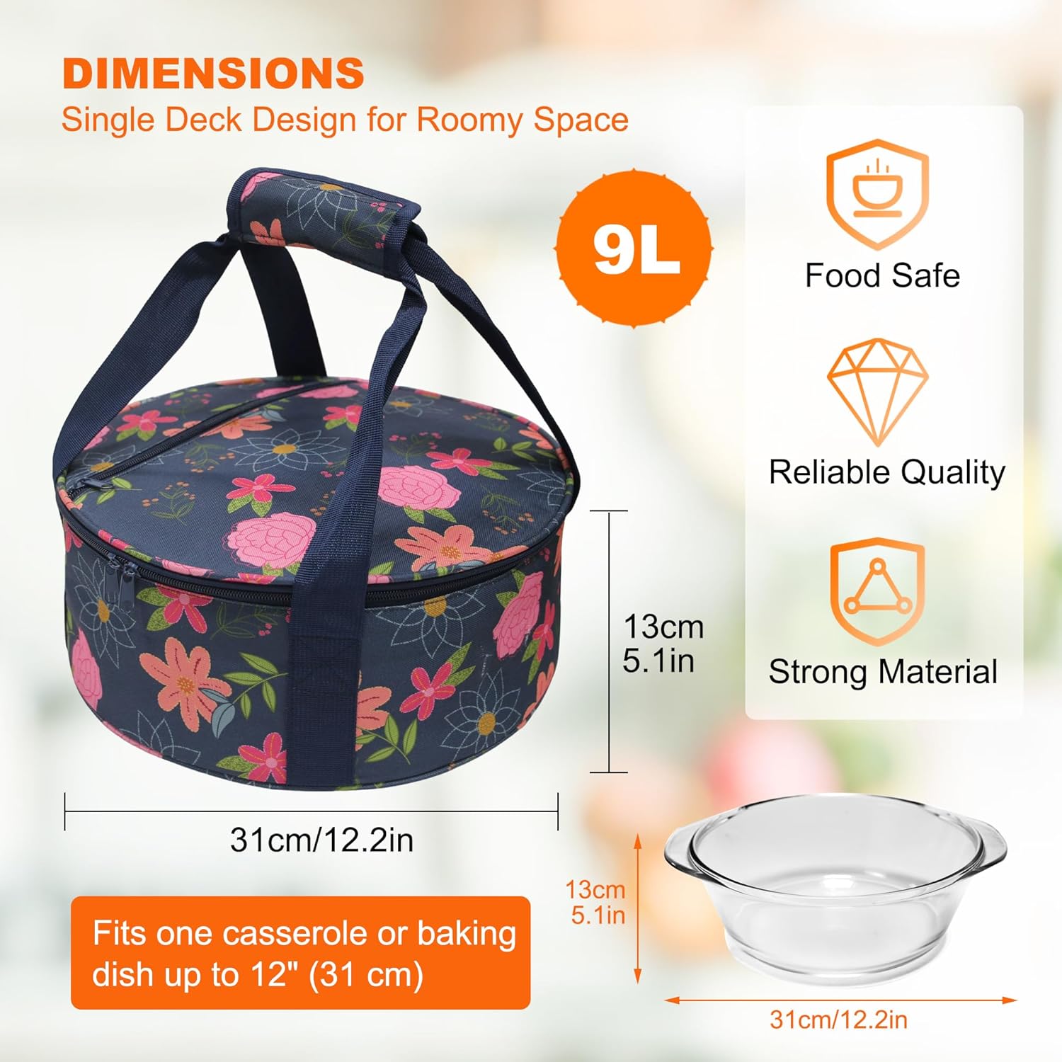 Round Insulated Pie Carrier Portable Food Cake Transport Lunch Bag for Potlucks Picnics Parties Gathering Outdoor Events Travel (Blue Floral) - Image 2
