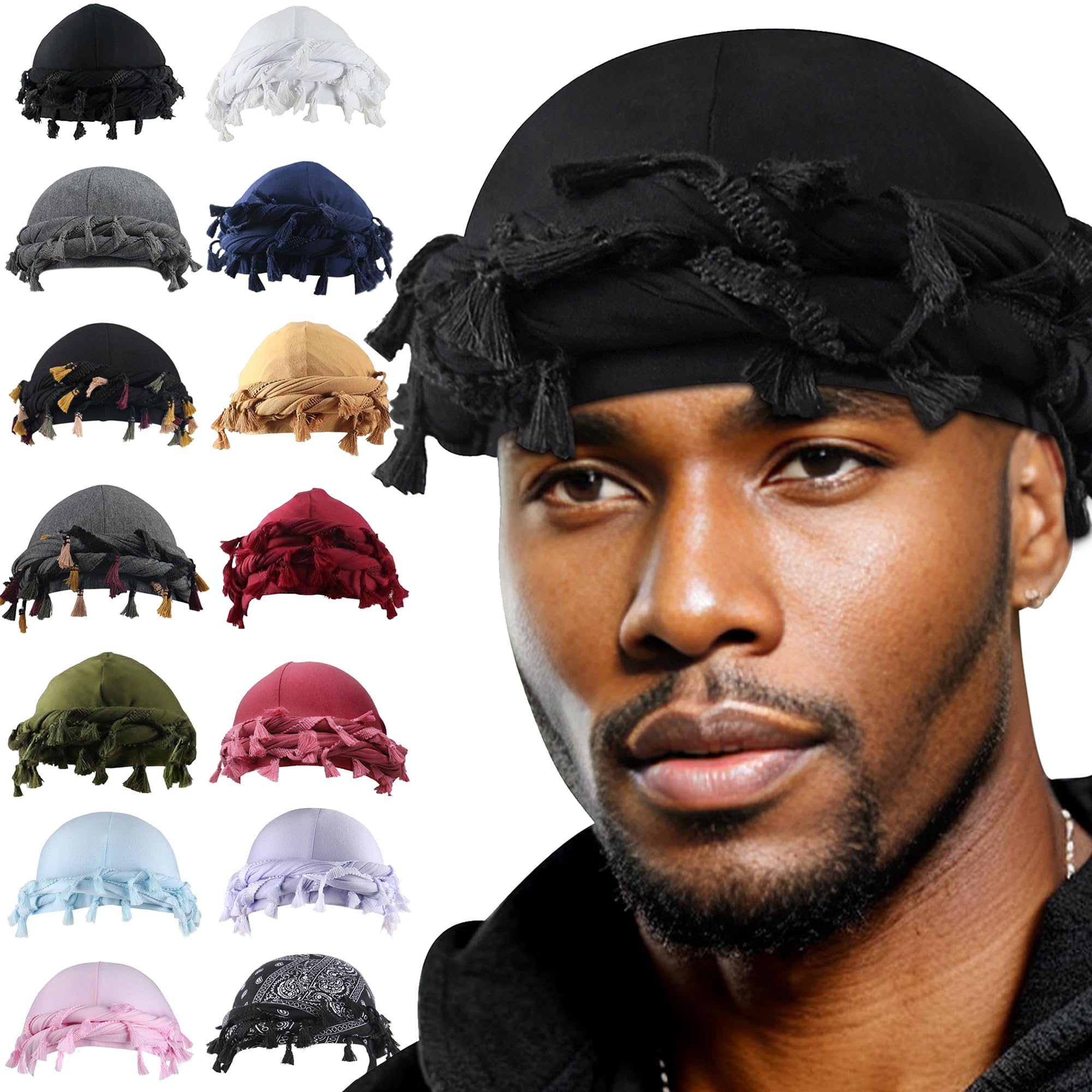 Halo Turban for Men Women Satin Lined Durag Head Wraps Pre-Tied Tassel Beanie Sleeping Bonnet Headwraps Hair Loss Hat
