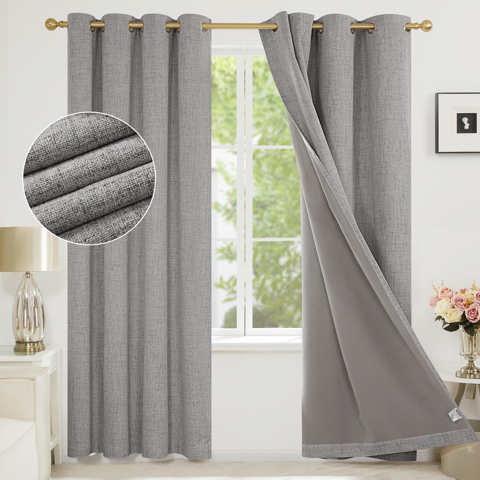 Deconovo Faux Linen Full Blackout Curtains 90 Inch Drop Thermal Eyelet Curtains fot Living room with Coating, Light Grey, W66 x L90 One Pair โ image 1