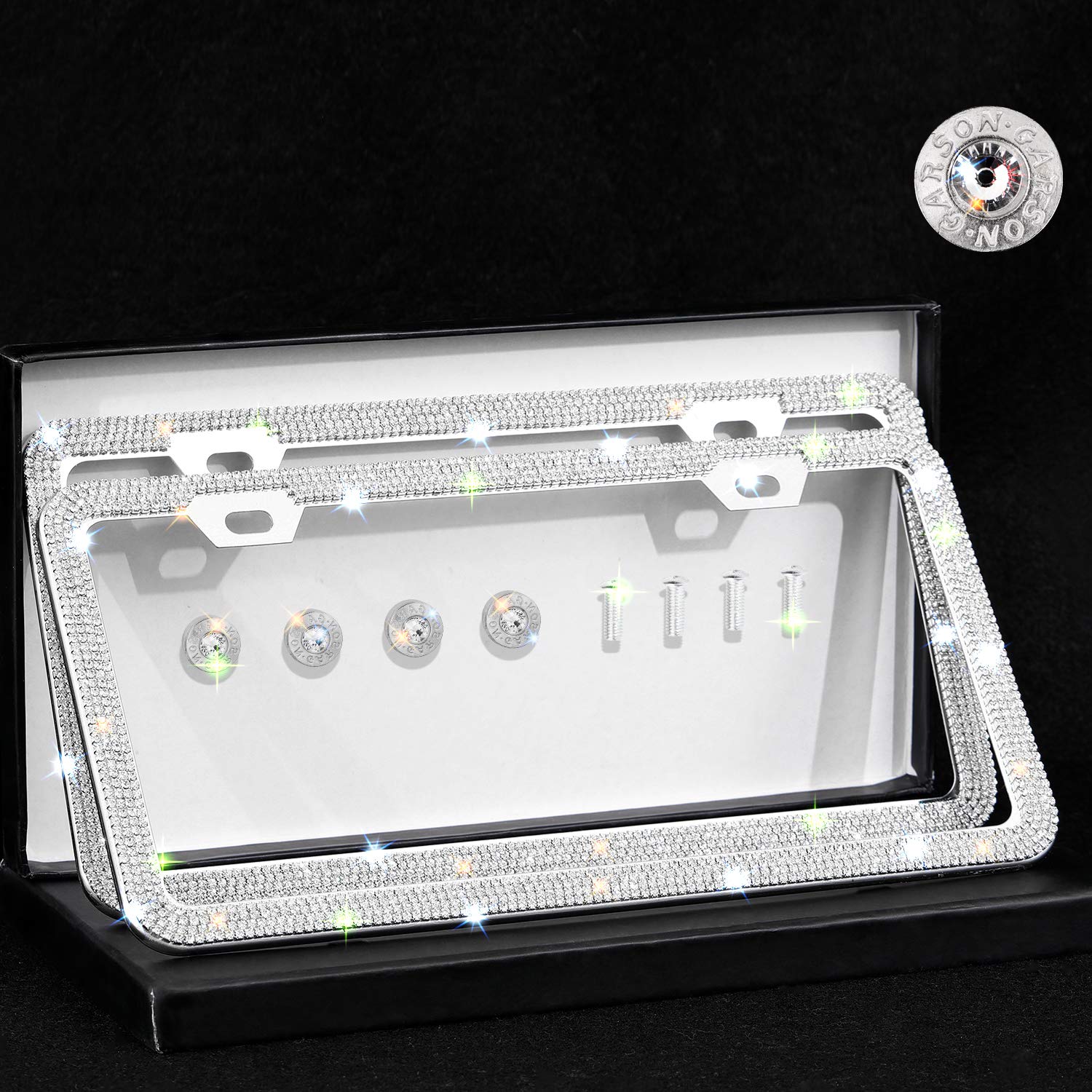 Indeedbuy Sparkle Gray Crystal Bling Car Thin Border License Plate Frame, Luxury Handmade Waterproof Glitter Rhinestone Premium Stainless Steel Licence Plate Front Back License