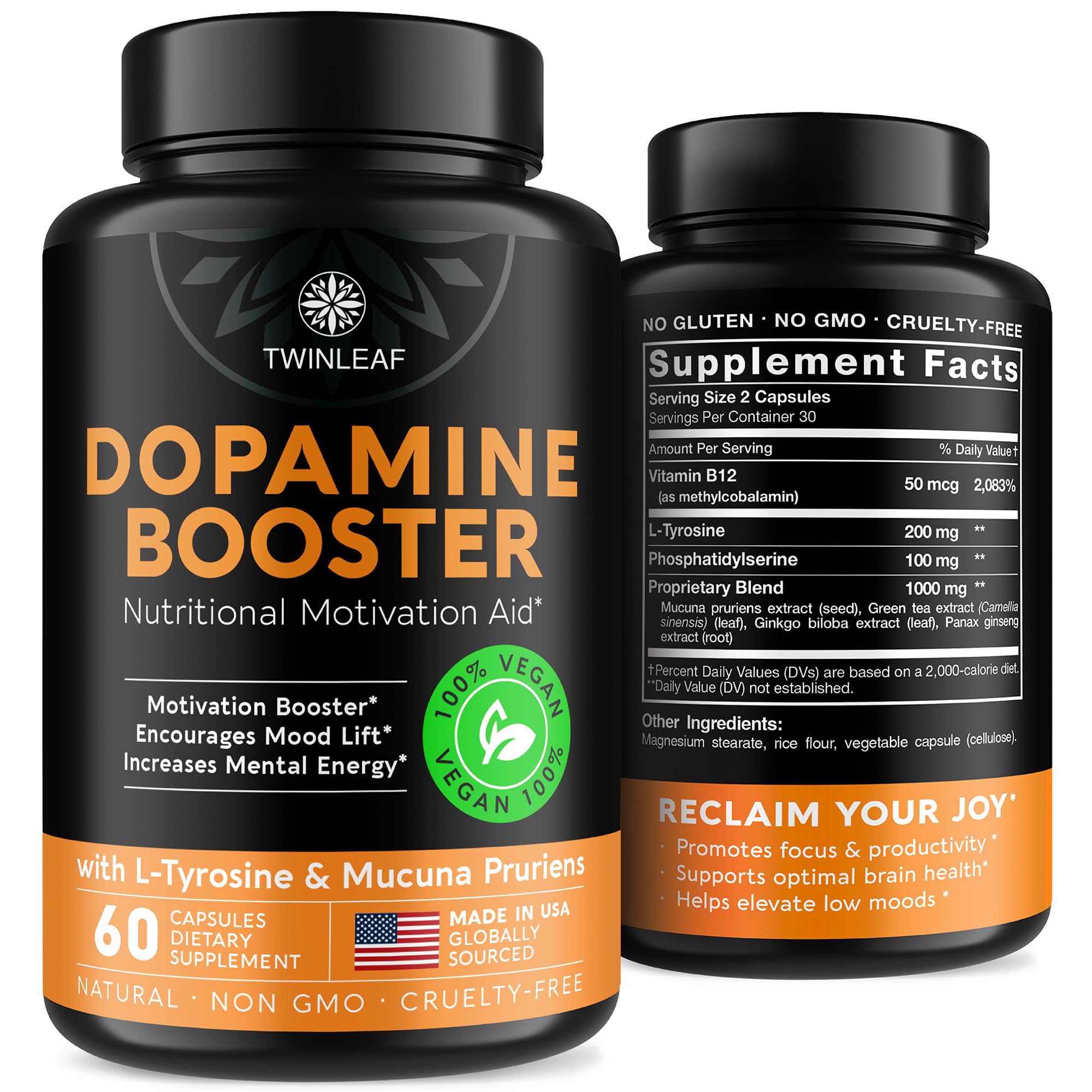 TWINLEAF Dopamine Brain Food Natural Supplement, 1000 mg Blend - Made in USA - Vitamin B 12, L-Tyrosine to Increase Motivation - Boost Your Mental Drive - 90 caps