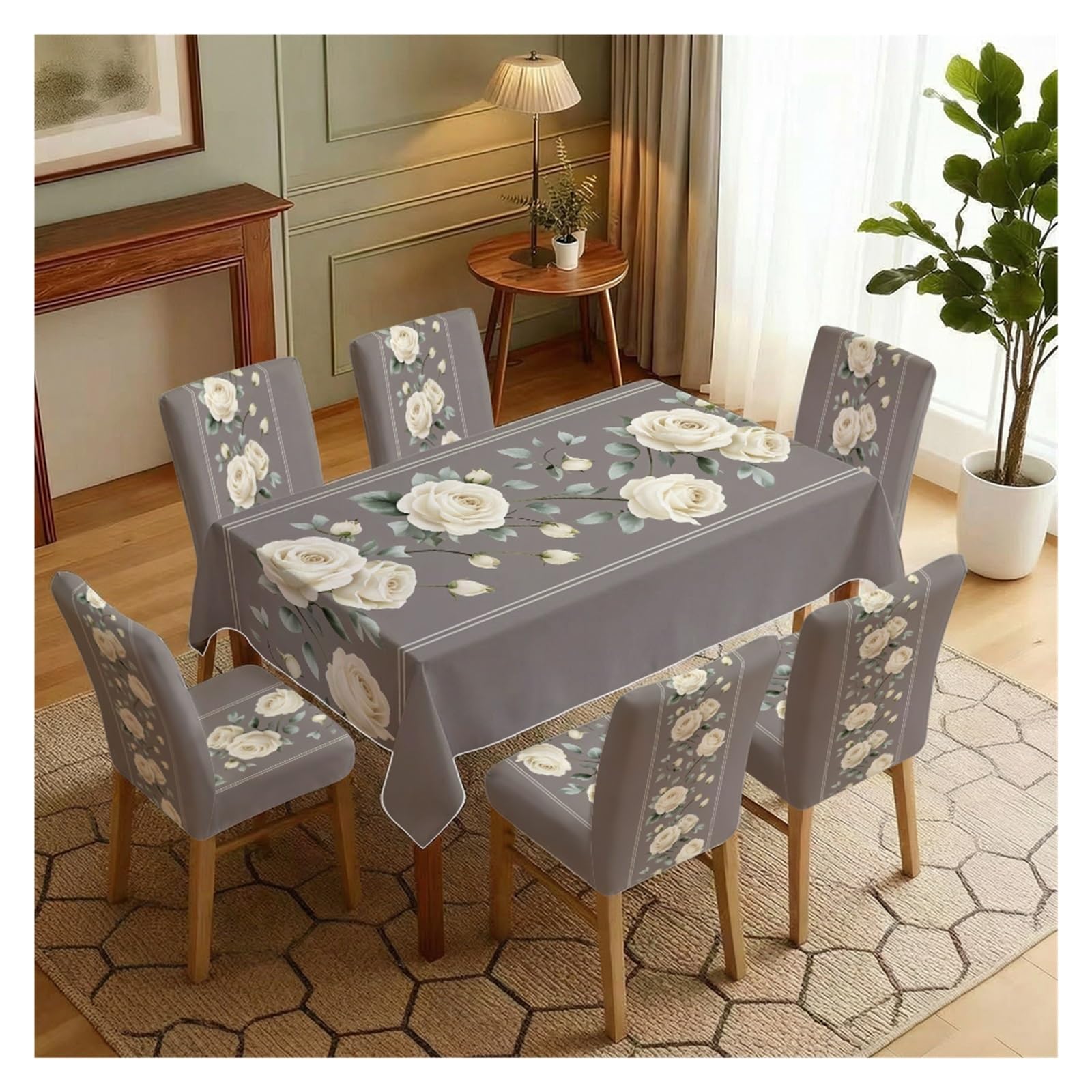 BOSUYBN Grey Background Vertical White Rose Stripe Dining Tablecloth & Chair Covers Set, 5/7 Piece Minimalist Elegant Neutral Cottage Dining Decor Table Setting(7pcs Set: Tablecloth+Chair Covers)