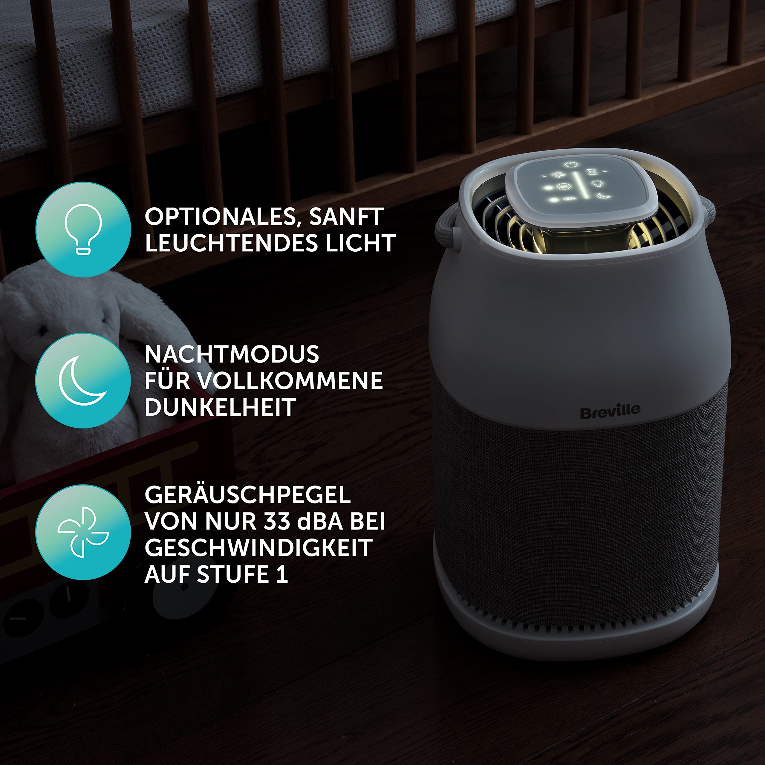 Breville 360° Light Protect Luftreiniger | leiser, H13 True HEPA-Filter | entfernt 99,97% an Staub, Rauch, Pollen & mehr | 3 Geschwindigkeiten | Nachtmodus | Filteraustausch-Anzeige | Touch-Bedienfeld