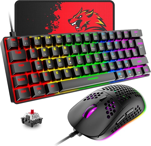 UK Layout 60% Mechanical Keyboard Compact 62 Keys Wired USB C 19 Rainbow Backlight Effects Gaming Keyboard + 6400 DPI RGB Backlit Gaming Mouse + Mouse Pad, For PC,Laptop,MAC - Red Switch/Black