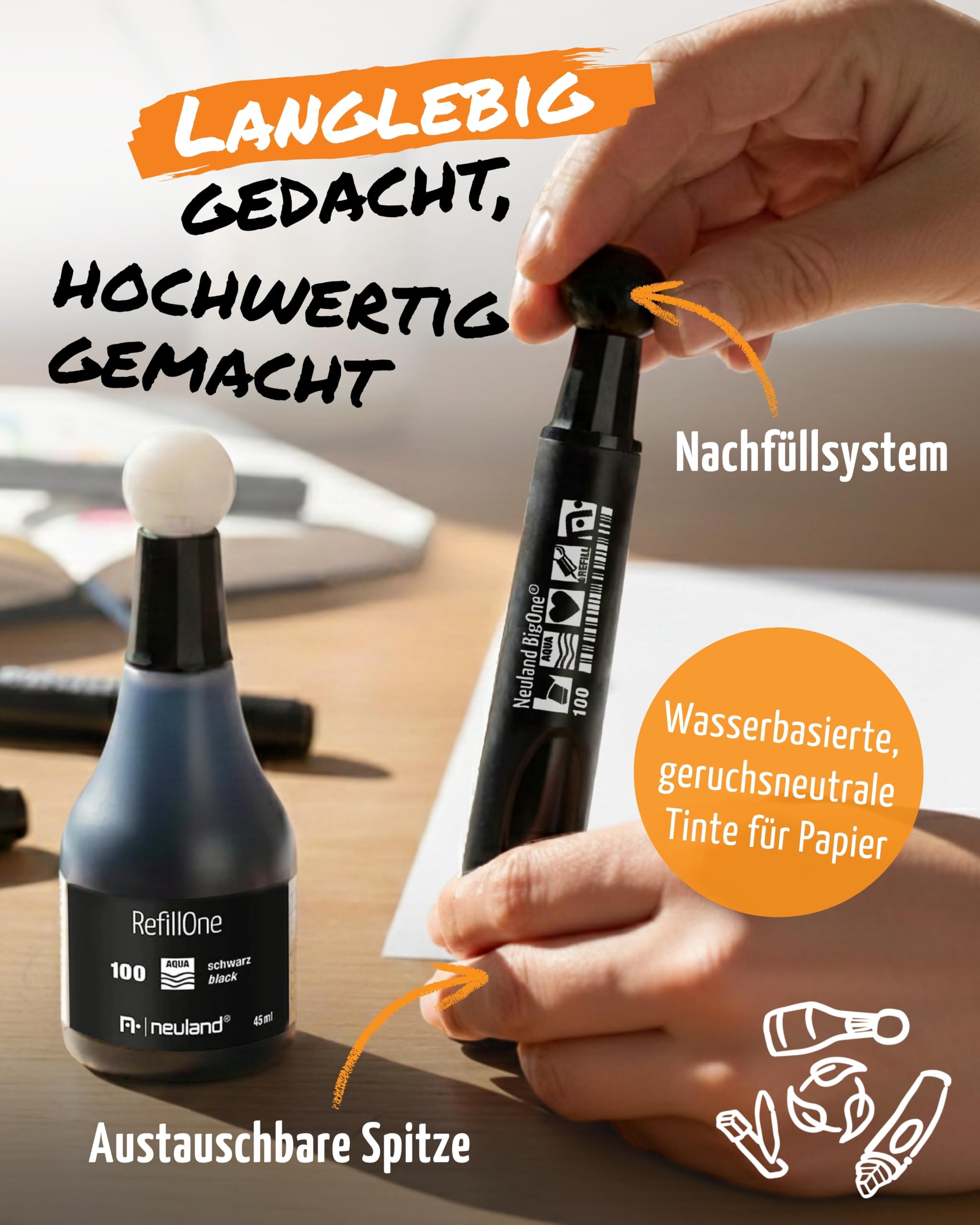 Neuland BigOne® 10er-Set Basic Tones 1 I Große Moderationsmarker mit Keilspitze 6-12 mm I Farbset mit 4x Schwarz 2x Rot 2x Blau 2x Grün I XXL wiederbefüllbare Präsentationsstifte für Flipchart