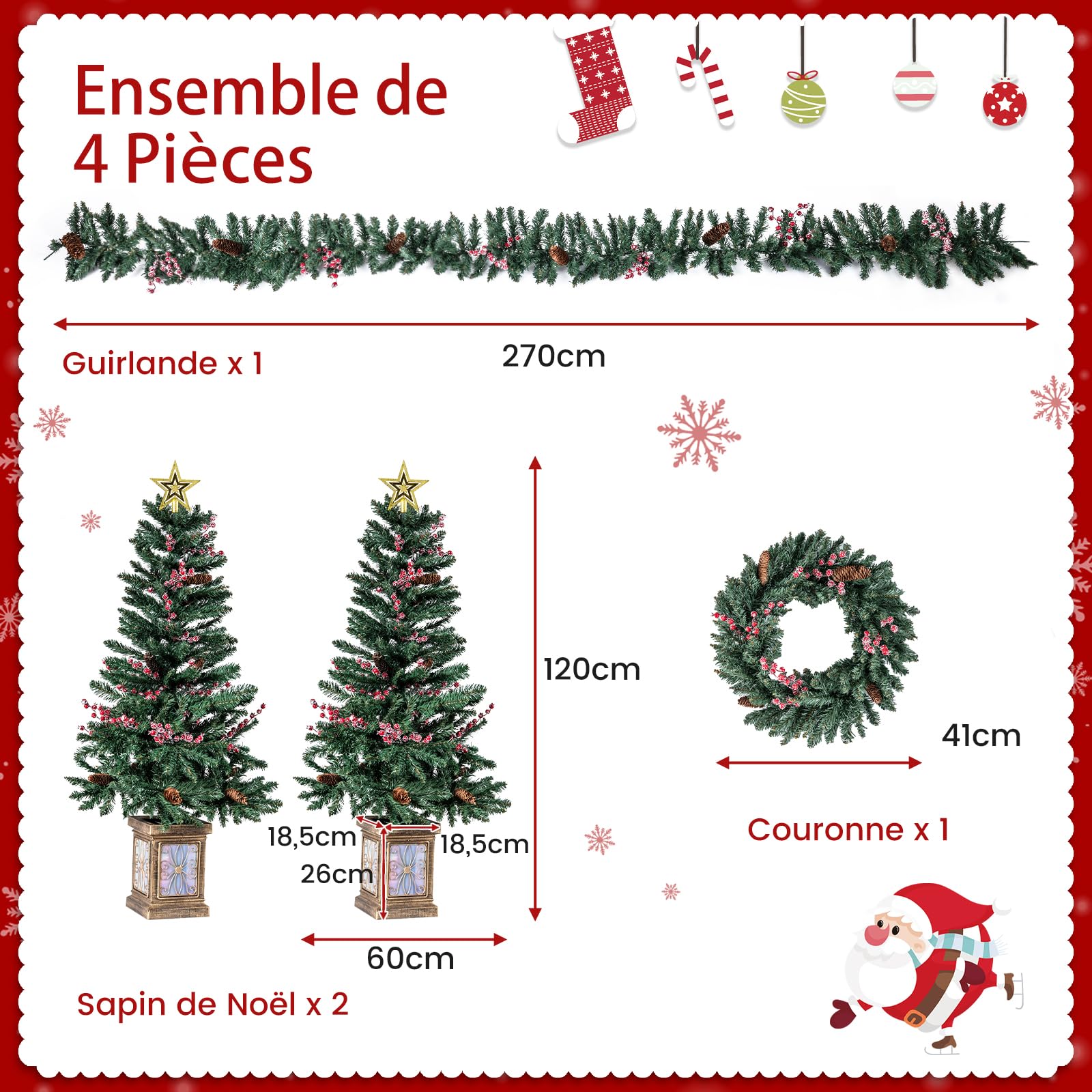 COSTWAY Lot de 2 Sapin de Noël en Pot, 1 Guirlande, 1 Couronne, Pommes de Pin, Baies Rouges Givrée, Étoile de Cime, Décoration Saisonnière pour Cheminée, Porche