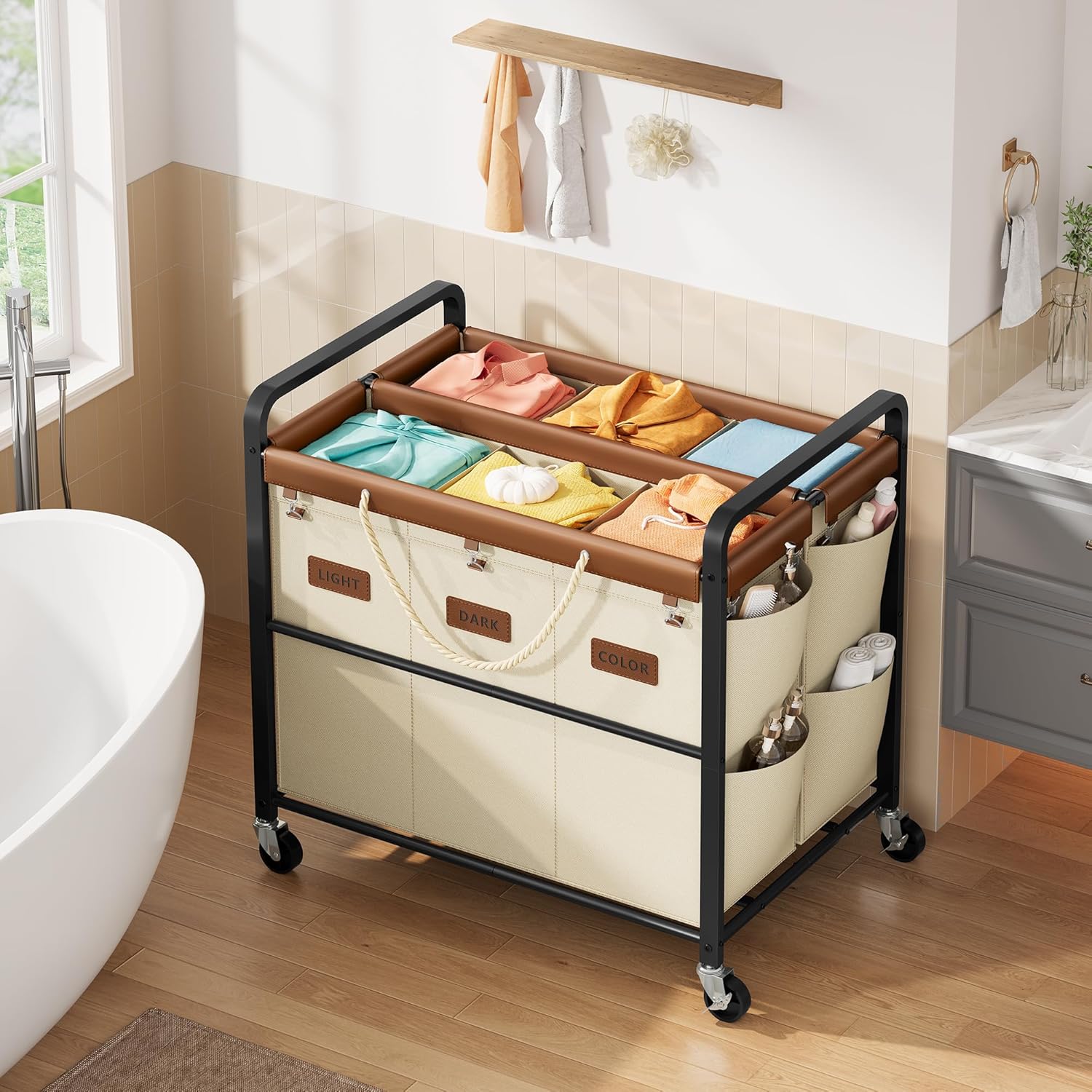 Tajsoon 350L Extra Large Laundry Hamper 6 Section, Heavy Duty Laundry Cart with Wheels, Commercial Laundry Sorter with Sturdy Metal Frame, Removable Bags & Leather Patchwork, Beige