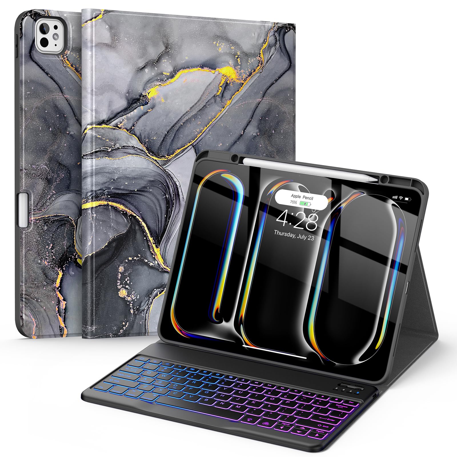 Soke Keyboard Case for iPad Pro 13 Inch (M5 2025/M4 2024), 7-Color Backlit Detachable Bluetooth Keyboard, Folio Stand TPU Back Cover with Pencil