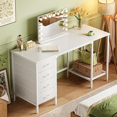 Miniatura 8 de Huuger Escritorio blanco de 55 pulgadas con 4 cajones, escritorio de tocador con estante de malla para maquillaje, escritorio de computadora para