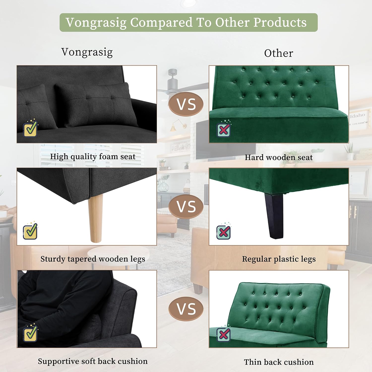 47" Black Tufted Linen Loveseat with Wood Legs