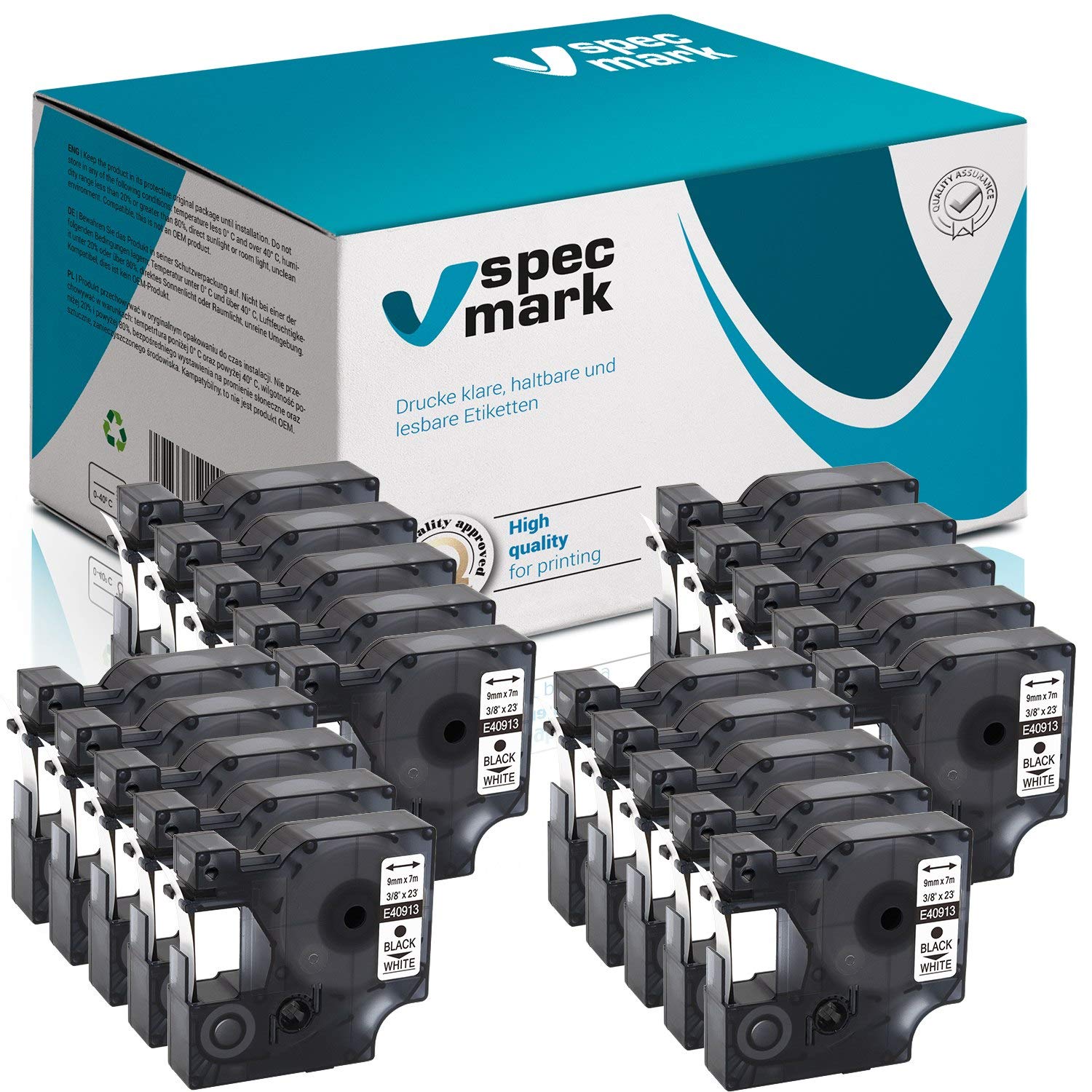 specmark 40913 S0720680 - Cinta de impresión (9 mm x 7 m, 20 unidades), color negro sobre blanco