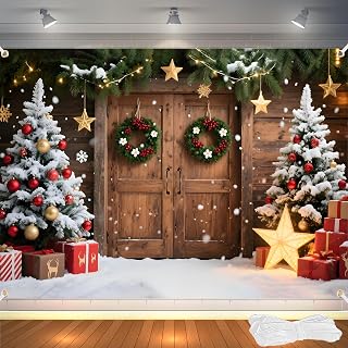 7x5FT Christmas Backdrop for Photography - Rustic Barn Wood Door with Xmas Tree & Snow Background, Fabric Christmas Backdrops for Wall with 6m Ribbon Holiday Photo Studio Decoration
