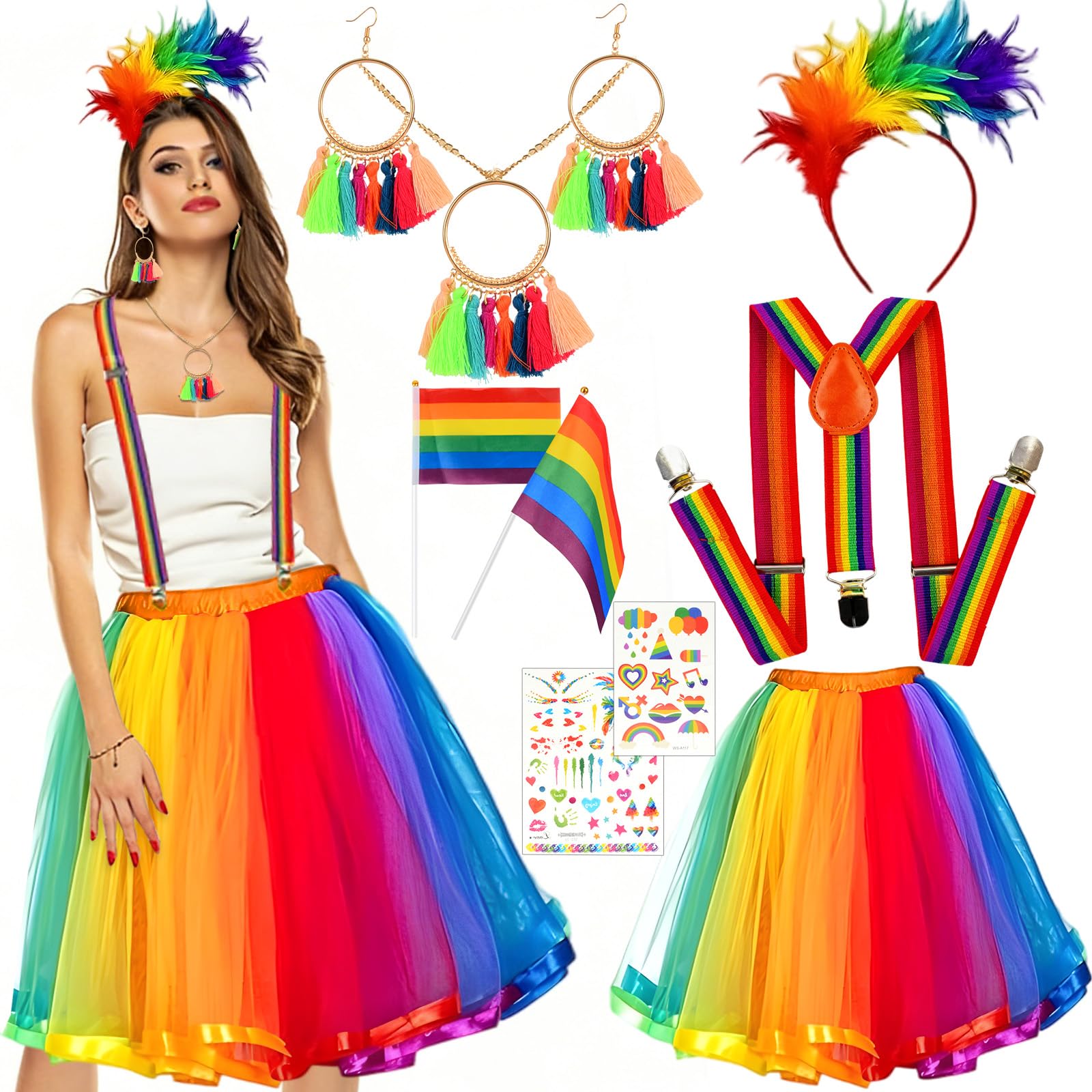 Set de Tutu Arc-en, Ciel pour Adulte, Jupe Tulle Volumineuse, Diadème à Plumes, Bretelle, Boucles d'Oreilles à Franges, Collier, 2 Drapeaux, 2 Autocollants, Taille Unique pour Fêtes & Soirées