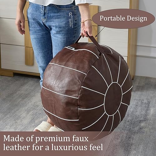 Miniatura 60 de Louis Donné Funda otomana marroquí sin relleno de 21 pulgadas, taburete de cuero sintético hecho a mano, funda redonda de almacenamiento, decoración