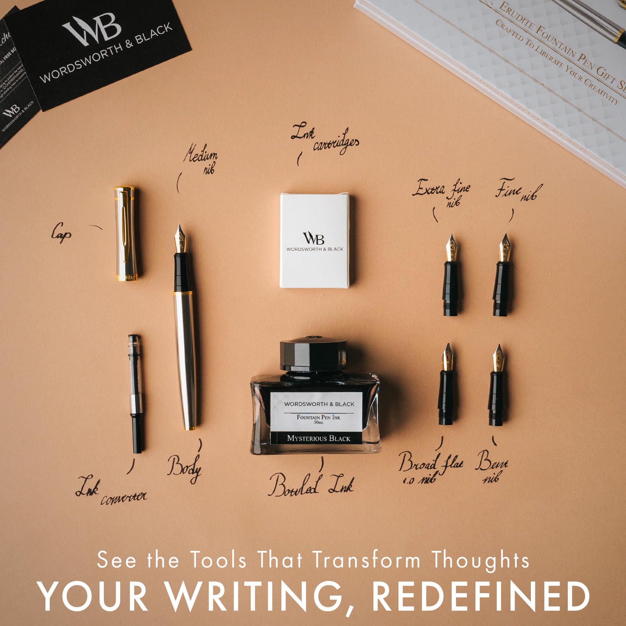 Wordsworth & Black Fountain Pen Gift Set, Ink Bottle, Cartridges, Converter, Replacement Nibs - Image 4
