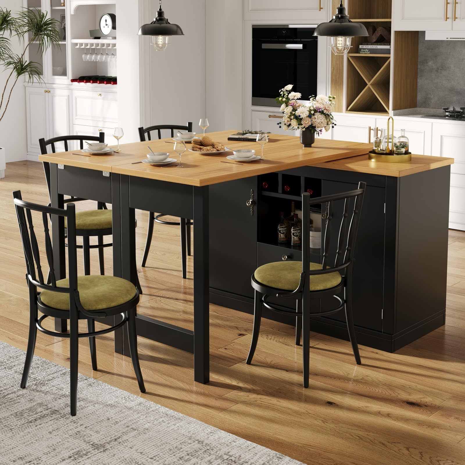 YEHTOKHOME Table de Bar Extensible avec Rangement, Table de bistrot avec 3 Porte-Bouteilles, Table à Manger Extensibl 120-180 cm, Plateau Pivotant 360°, Étagères Réglables (B-Noir)