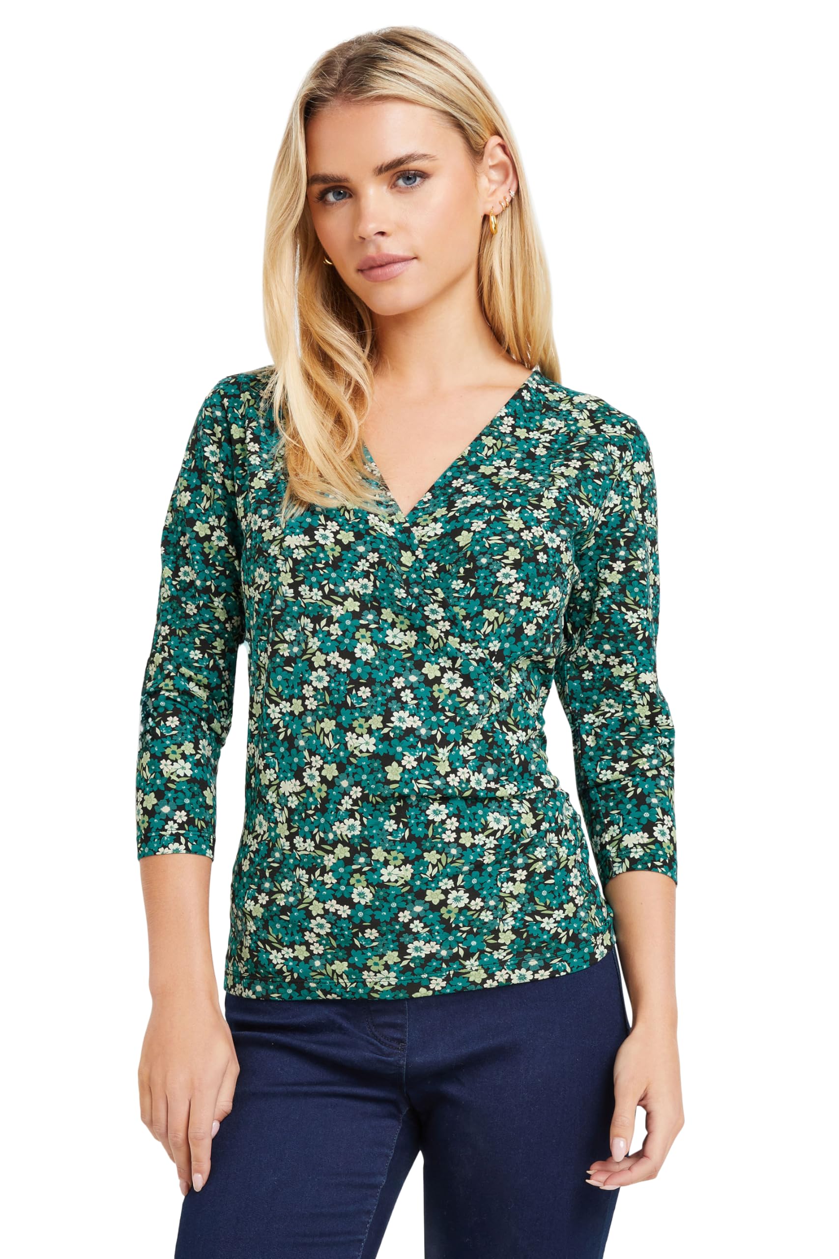 M&Co Women's Green Petite Ditsy Floral Wrap Top