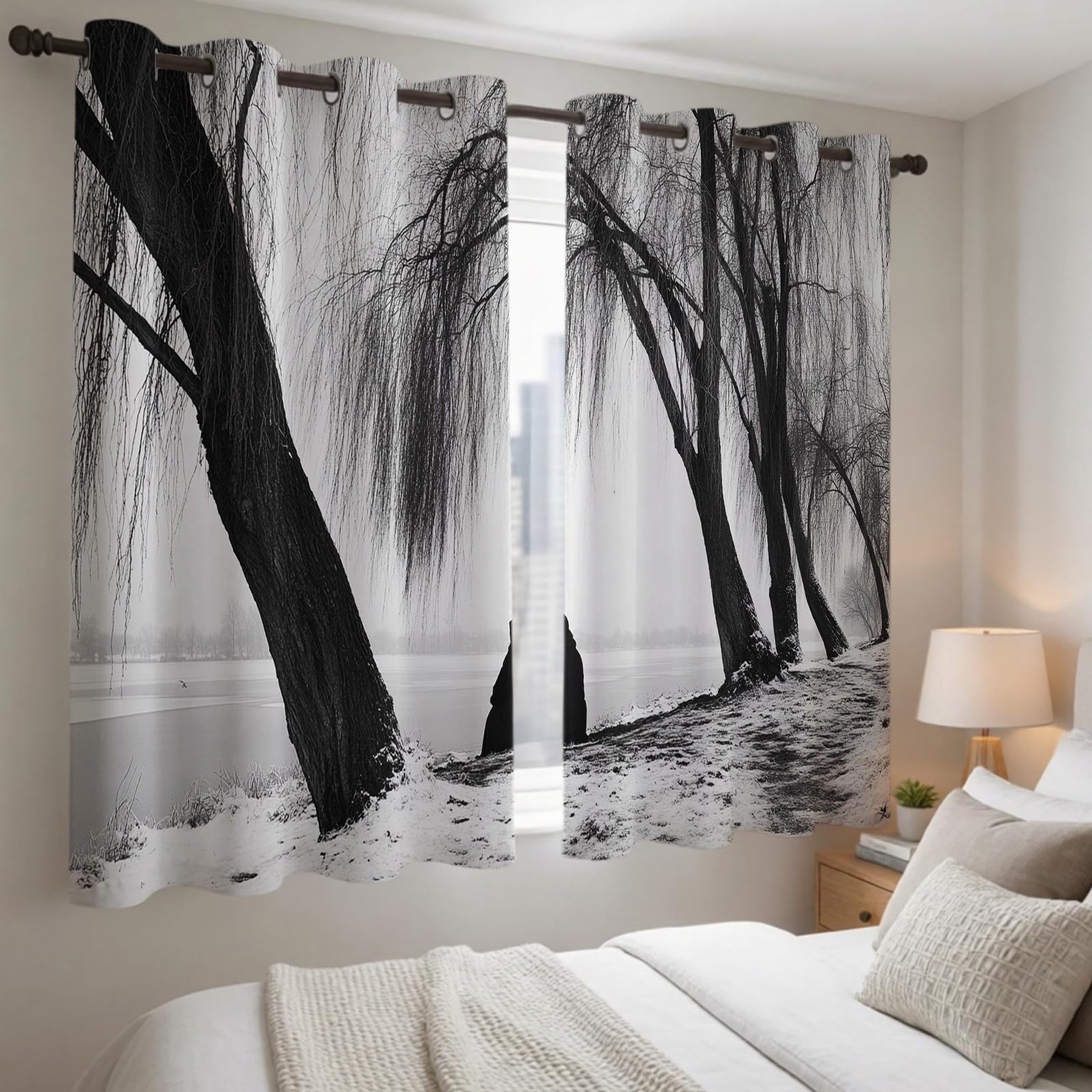 Rideaux Occultants Thermiques Lot de 2, Paysage enneigé de saules pleureurs 132L X 210H cm Isolation Contre la Chaleur, pour Chambre et Salon