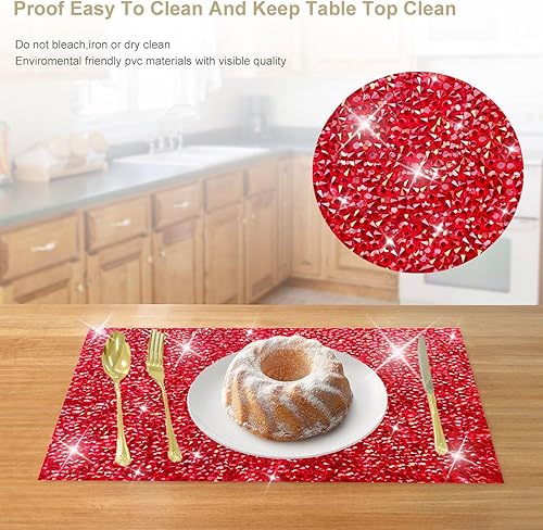 Miniatura 2 de Juego de 2 manteles individuales rojos, resistentes al calor, cuadrados, salvamanteles rojos, diamantes de imitación, decoración de diamantes