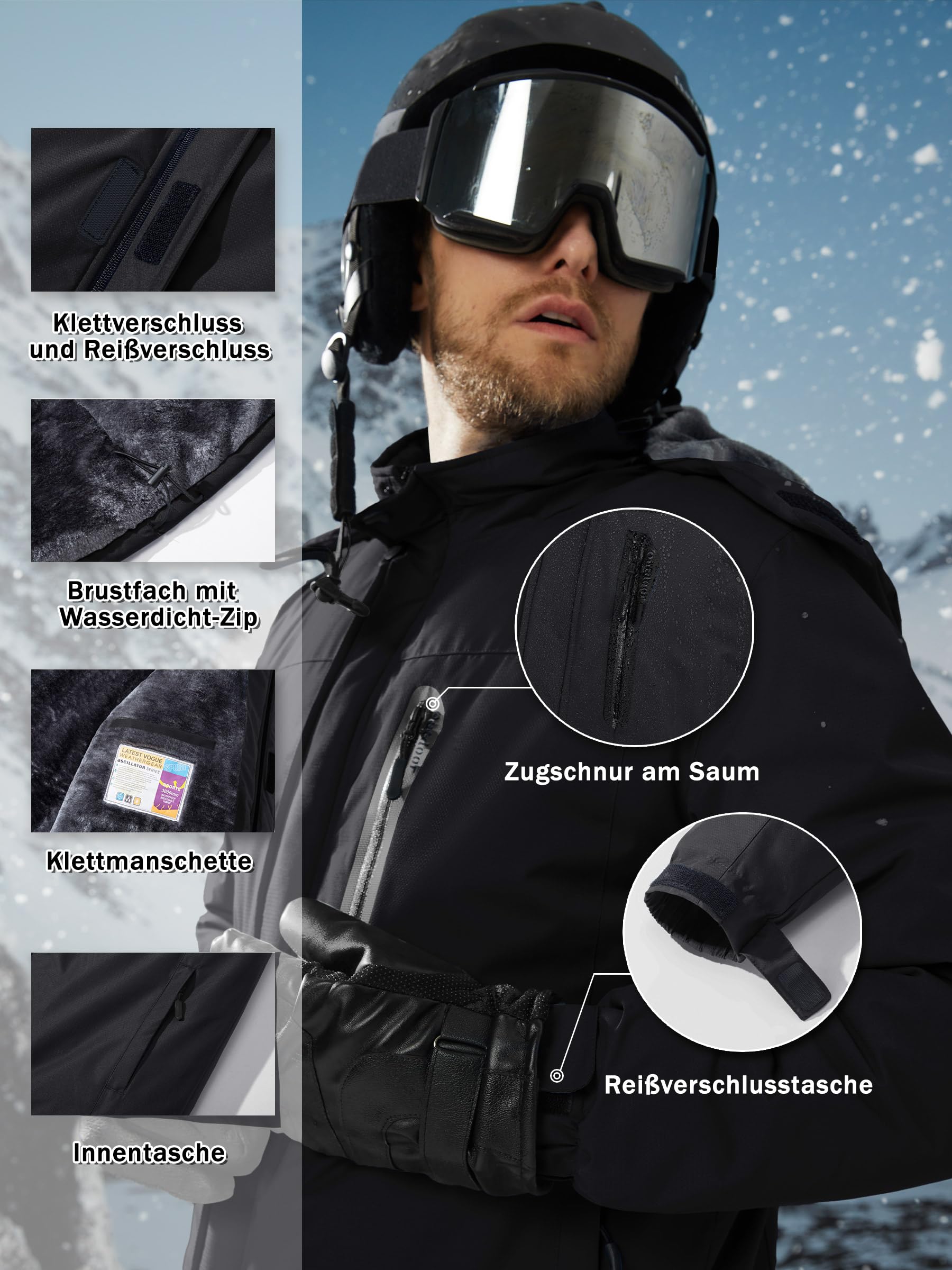 CAVVA Herren Skijacke Gefüttert Winterjacke Wasserdicht Snowboardjacke Fleece Arbeitsjacke Mit Abnehmbarer Kapuze