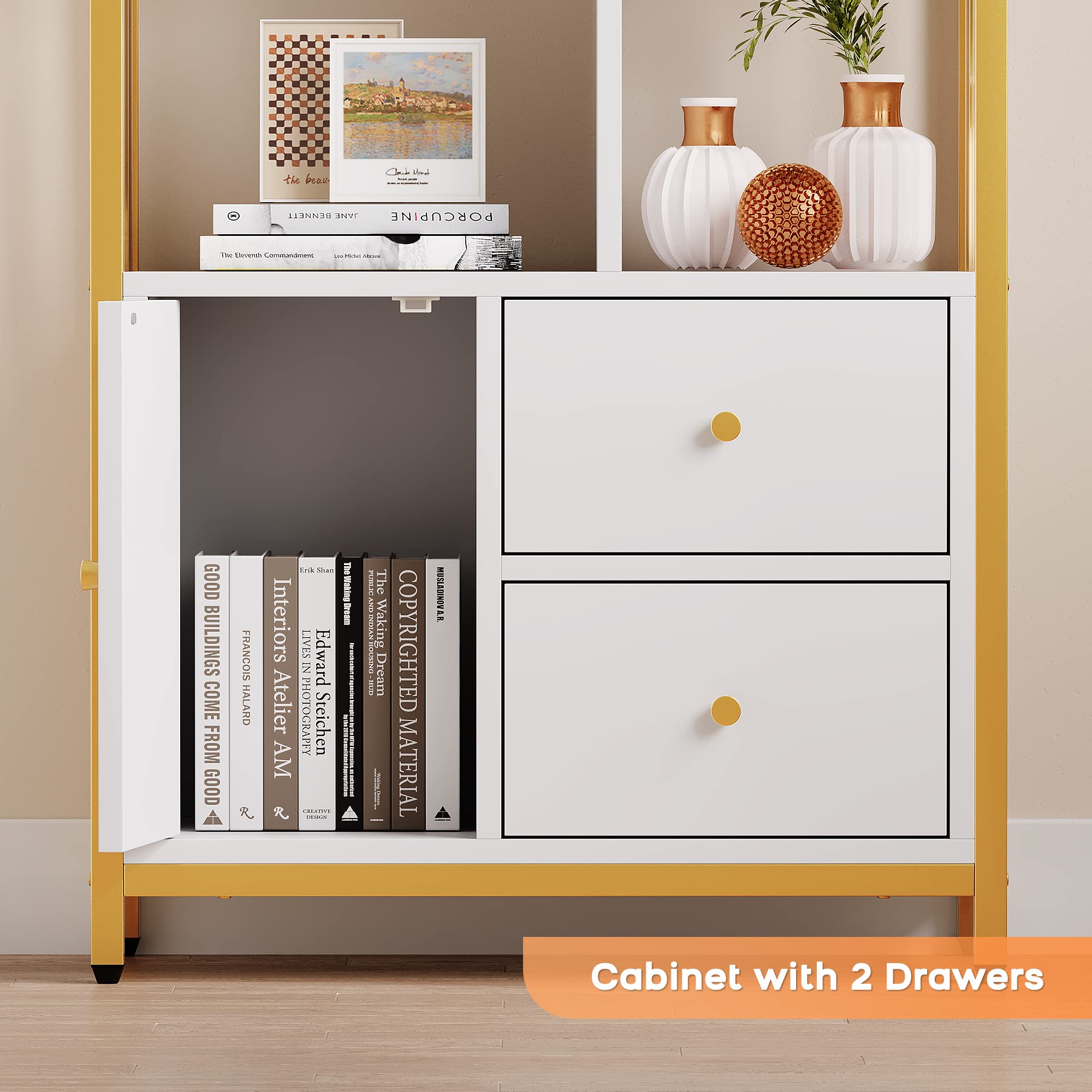Bücherregal Für Büro – 4-Stöckiges Standregal Aus Metall, Mit 3 Schubladen Und Tür, Große Weiße/Goldene Ablage – Viel Stauraum & Display – Mit Türen Und Fächern