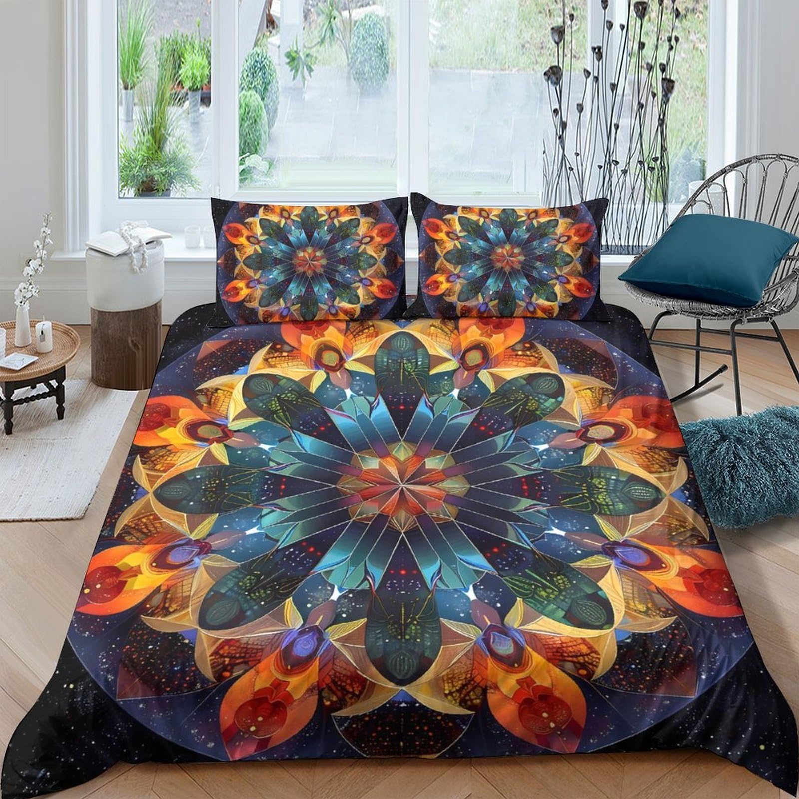 GPLZQXKJNH 3D Printed Mandala Flower Duvet Cover Microfiber Soft Breathable Kaleidoscope Quilt Cover Set with 2 Pillowcases for Bedroom Decor Single（135x200cm）