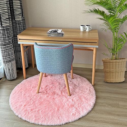 Miniatura 2 de ConCus-T Alfombra redonda rosa esponjosa redonda de 4 x 4 pies, alfombras redondas de pelo largo para niñas y niños, antideslizante, teñido anudado,