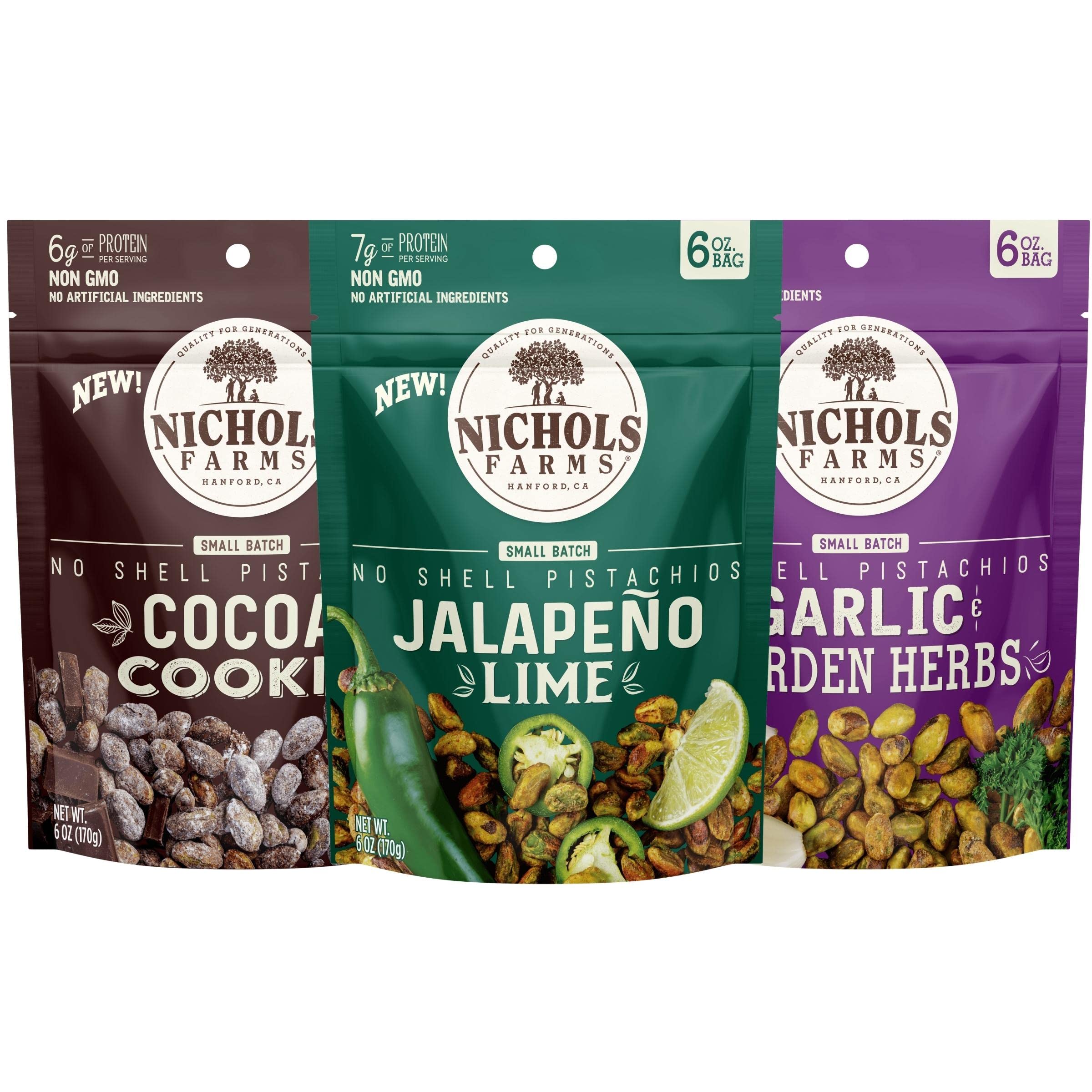 Nichols Farms Pistachios - Fresh Roasted No Shell Pistachio - Nutrient Rich Nuts Snack Packs - Non-GMO, California Grown - Healthy, Wonderful Tasting, Party Snack - (Variety Pack)