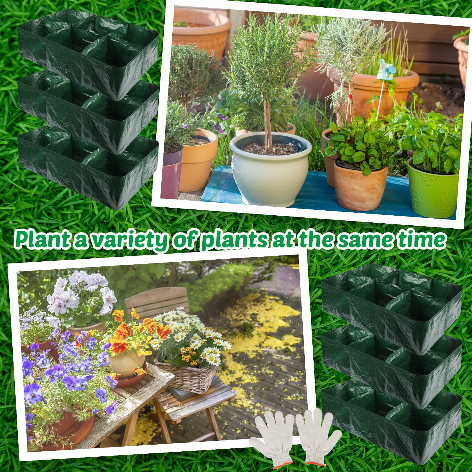 6 Pack 35 Gallon Raised Garden Beds Rectangle Garden Planting Bed with 6 Divided Grids Drainage Holes 4 Pcs White Gloves Warehouse Gloves for Vegetables Flowers Tomatoes Herb (Polypropylene, Cotton)