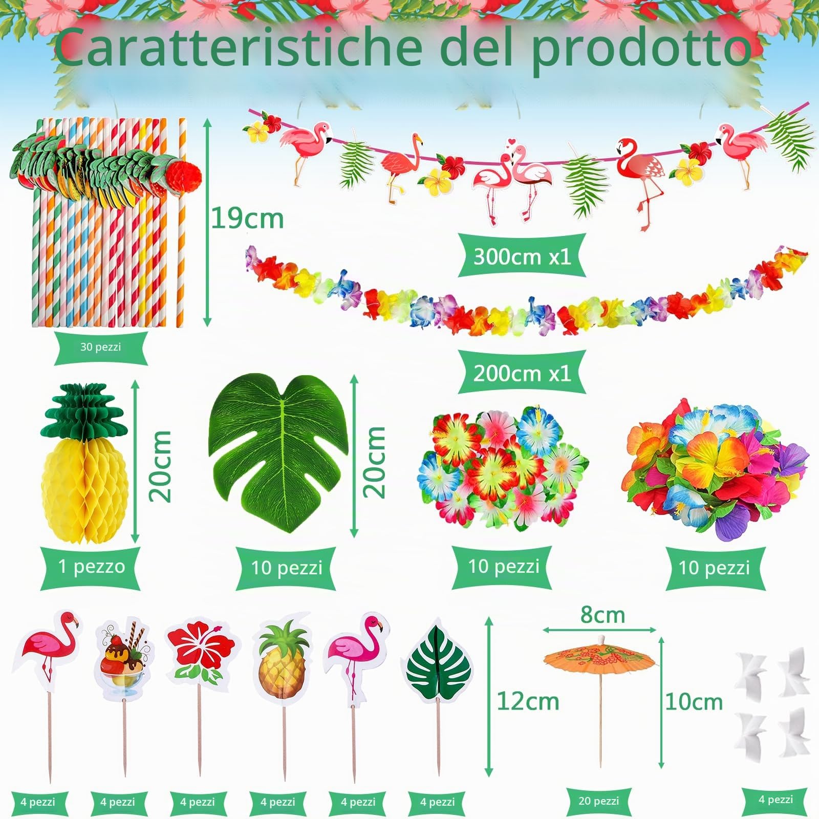 112 Pezzi Gonna Tavolo Hawaiana Tovaglia da Tavolo Set, Decorazioni Festa Hawaiana, Stendardo, Fiori, Foglie di Palma Artificiali, Forchette per Torta e Cannucce per Feste a Tema Hawaiano