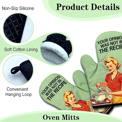 Miniatura 3 de Paquete de 2 guantes de horno divertidos para mujeres, Your Opinion was Not in the Recipe, guantes retro resistentes al calor, regalos de cocina