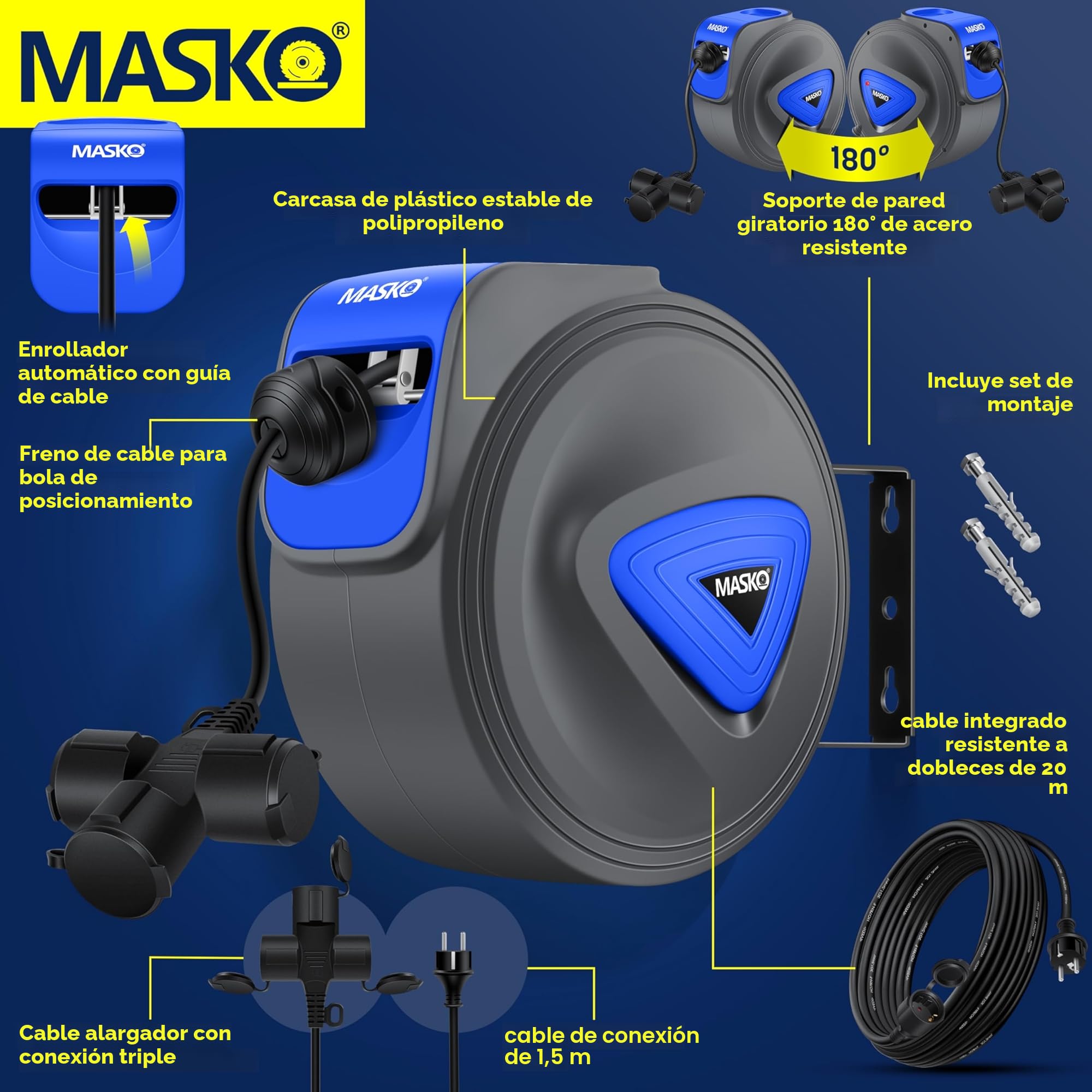 MASKO® Cable alargador automático de 20 m con conexión de 3 vías, giratorio 180°, cable de alimentación de 1,5 m, soporte de pared, enrollador de cables, enrollador de cables, incluye guantes