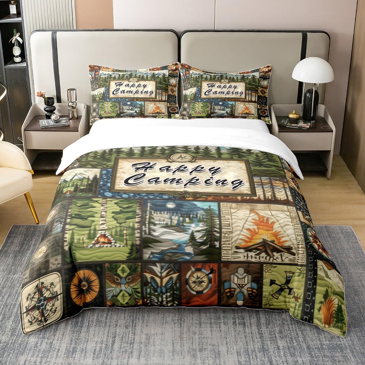 Happy Camping Pure Cotton Duvet Cover Double Size,Jungle Adventure Soft Bedding Set,RV Camper Campfire Comforter Cover 3 Pcs (No Comforter),Patchwork Quilt Cover,2 Pillowcases