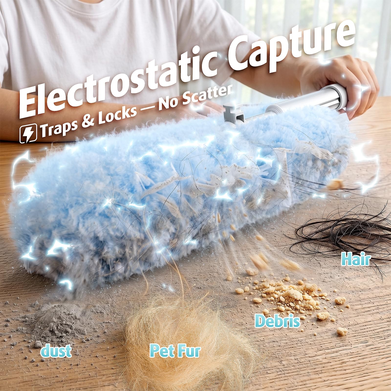 Mango de plumero extensible de 6 pies con 40 recambios, compatible con Swiffer Duster, almohadillas desechables de microfibra para limpieza del hogar, techo, ventilador, ventana, zonas de difícil