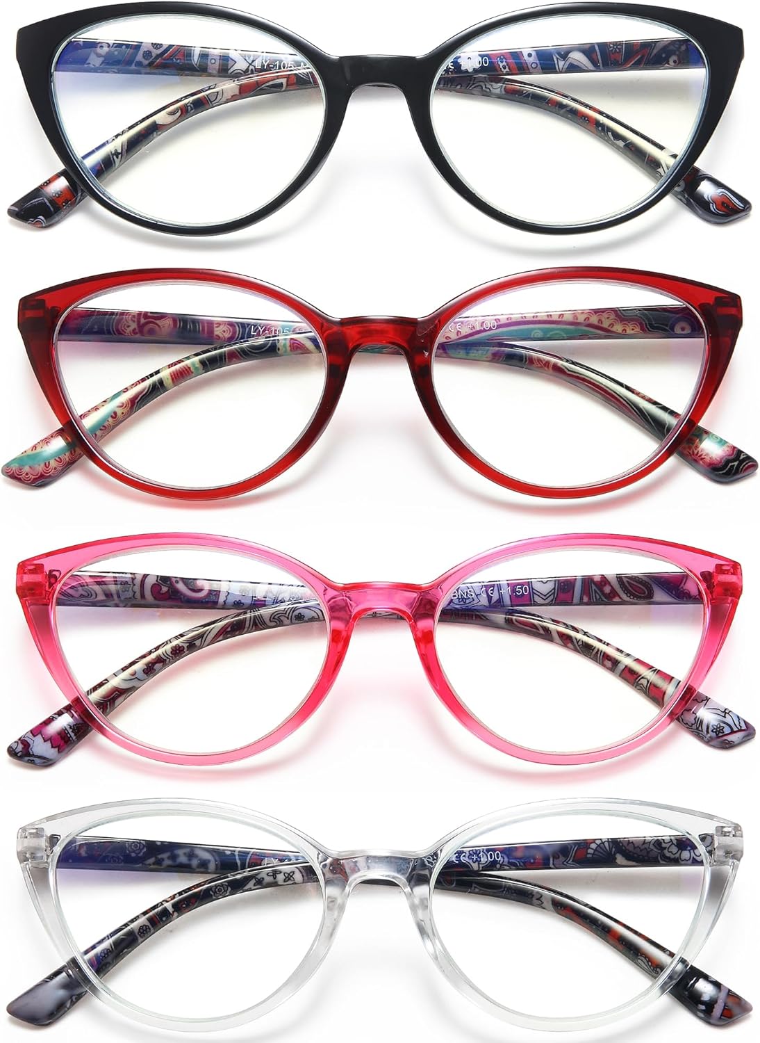 Cat Eye Reading Glasses for Women – 4 Pack Fashion Readers with Spring Hinges, Stylish Design, Patterned Temples, Comfortable Fit for All Face Shapes Cat Eye Reading Glasses for Women – 4 Pack Fashion Readers with Spring Hinges, Stylish Design, Patterned Temples, Comfortable Fit for All Face Shapes